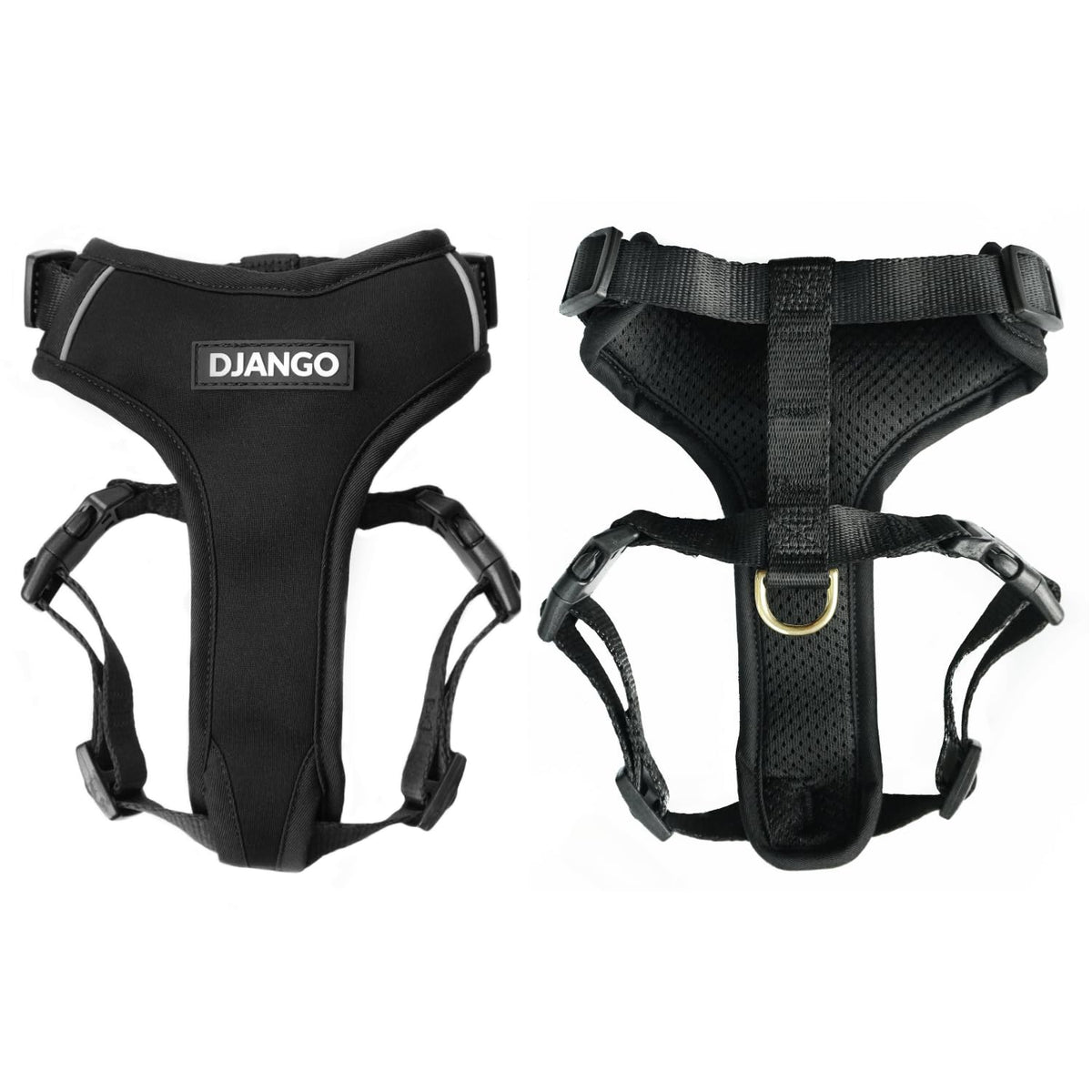 Arnés DJANGO Aventura para perro negro, vista frontal, cómodo para paseos diarios.