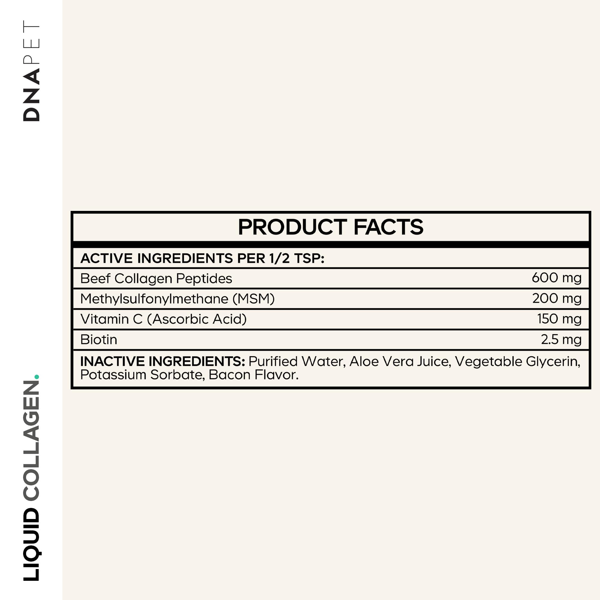 DNA PET Collágeno líquido, ingredientes clave como colágeno de res, MSM, vitamina C y biotina.