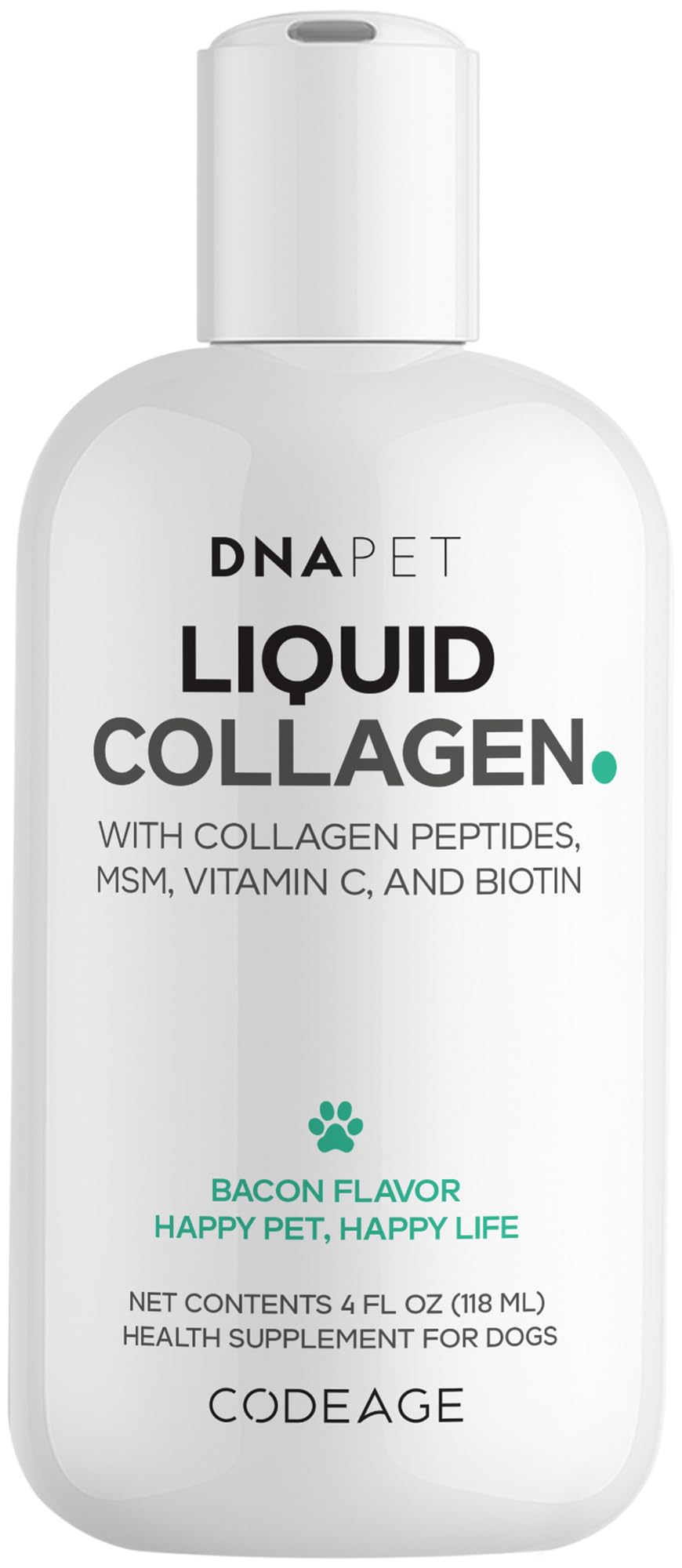 DNA PET Collágeno líquido para perros, sabor tocino, fácil de incorporar en la comida diaria.