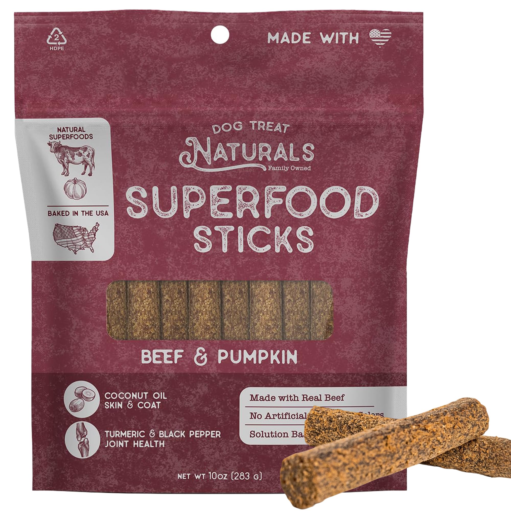 Dog Treat Naturals Palitos Superalimento con res y calabaza en bolsa de 283 g para premiar