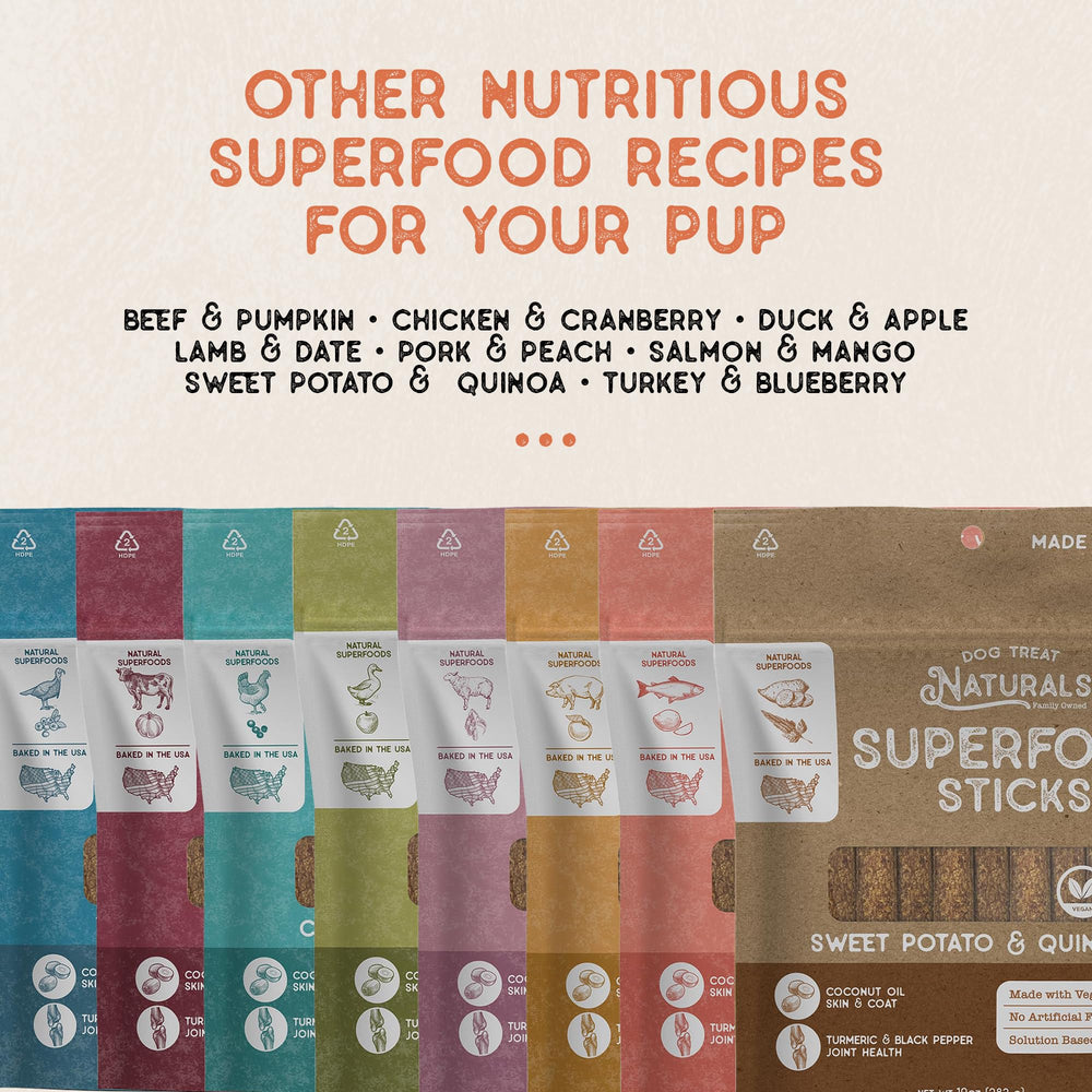 Dog Treat Naturals Superfood Sticks texture appétissante, idéale pour récompenser en entraînement.