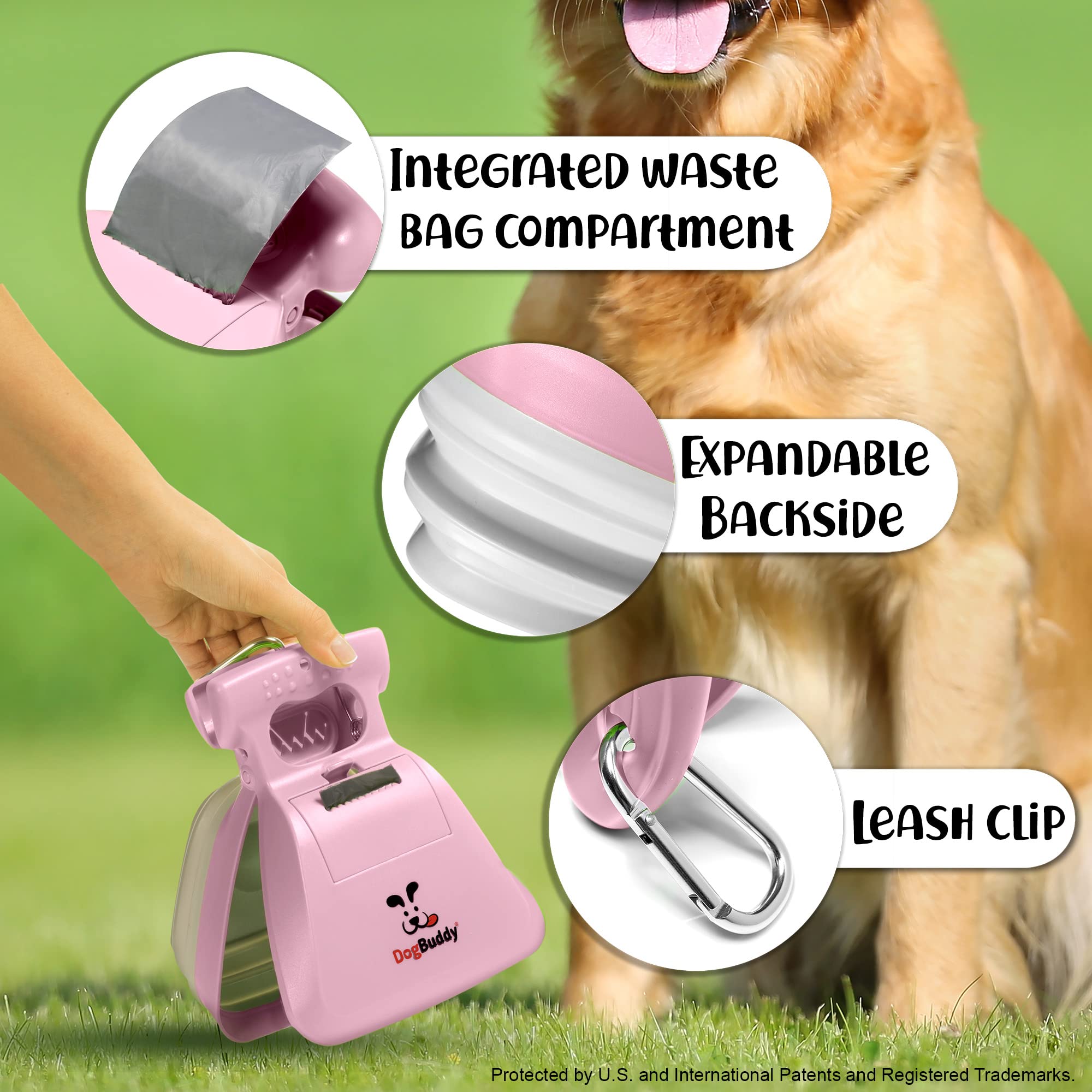 DogBuddy diseño ergonómico rosa, limpieza cómoda durante caminatas.
