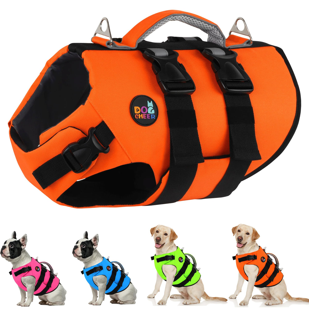 Dogcheer chaleco salvavidas perro frontal naranja ofrece flotación para nadar.