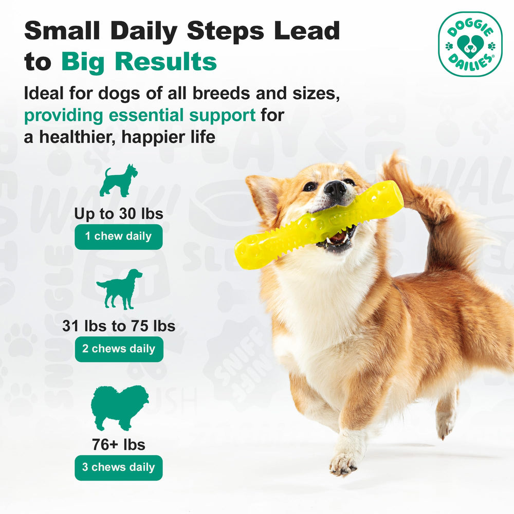 Doggie Dailies: dosis por tamaño para perros pequeños a grandes.