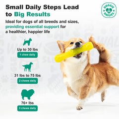 Doggie Dailies: dosis por tamaño para perros pequeños a grandes.