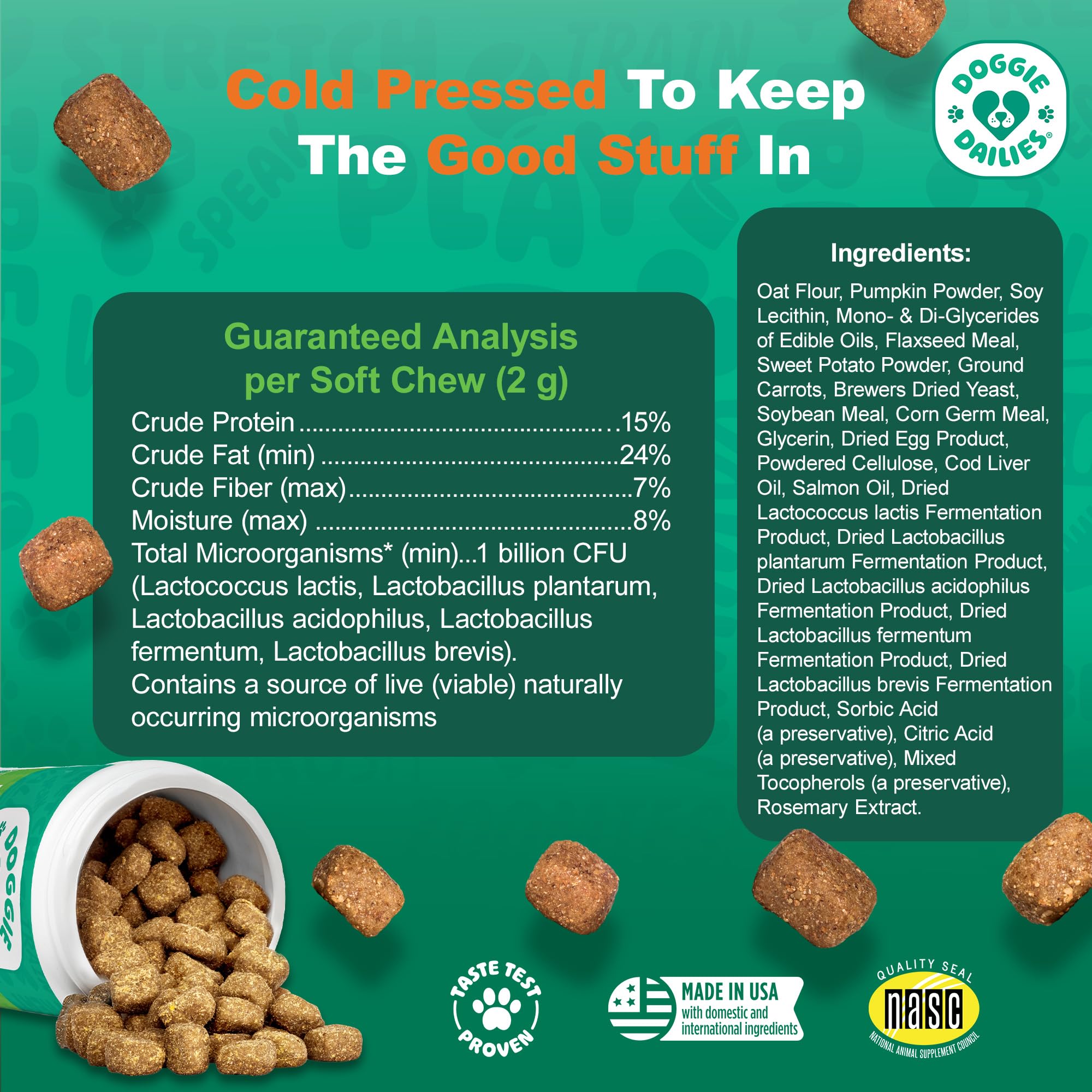 Doggie Dailies Probiotics palatabilidad probada externamente, sabor agradable para las mascotas.