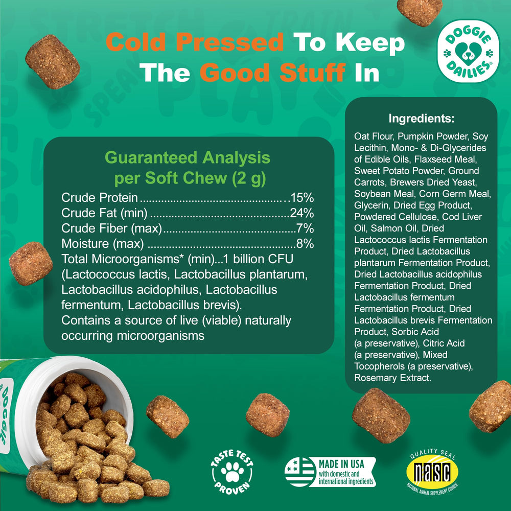 Doggie Dailies Probiotics palatabilidad probada externamente, sabor agradable para las mascotas.