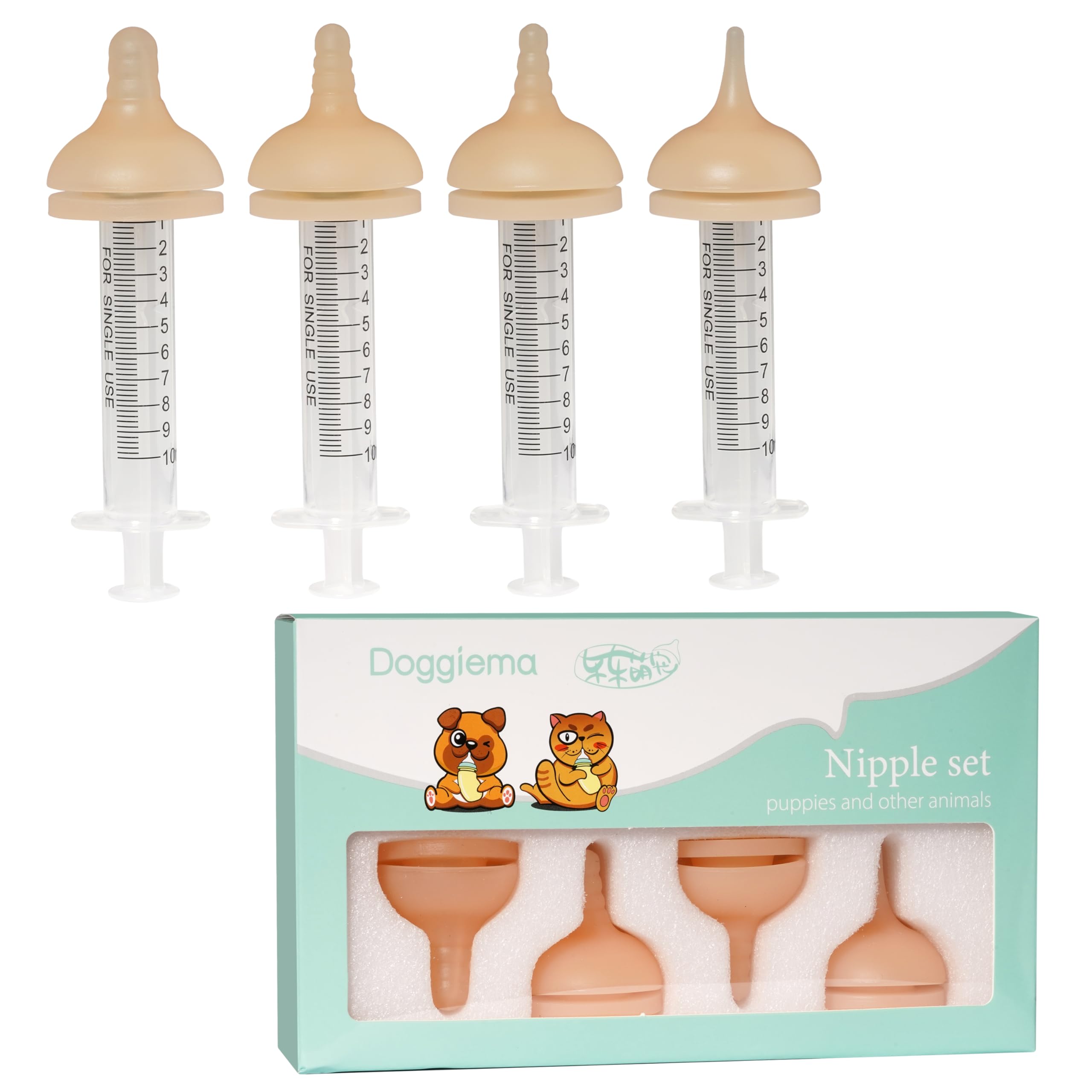 Pezón de silicona Doggiema para cachorros en cuatro tallas, tacto suave y adaptable.