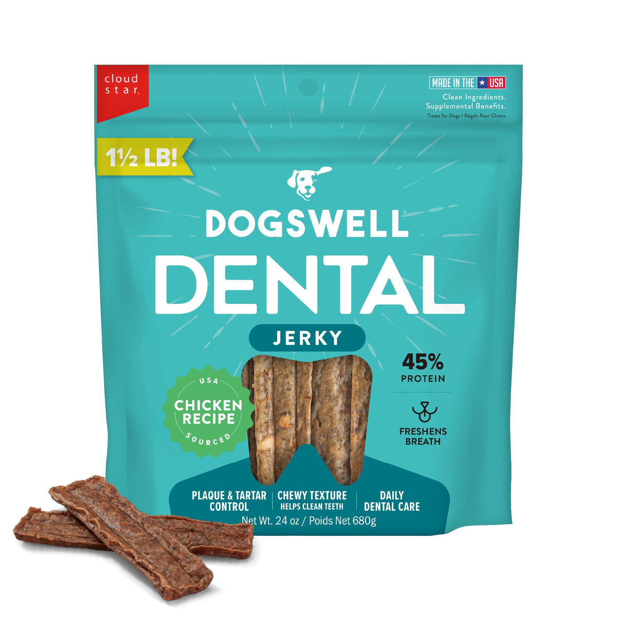 Dogswell Dental Jerky con pollo, bolsa de 24 oz para cuidado dental diario.