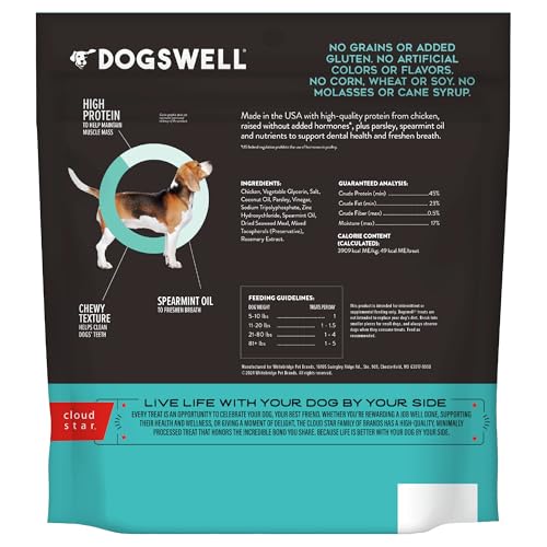 Trozo masticable de Dogswell Dental Jerky que muestra textura para masticar.