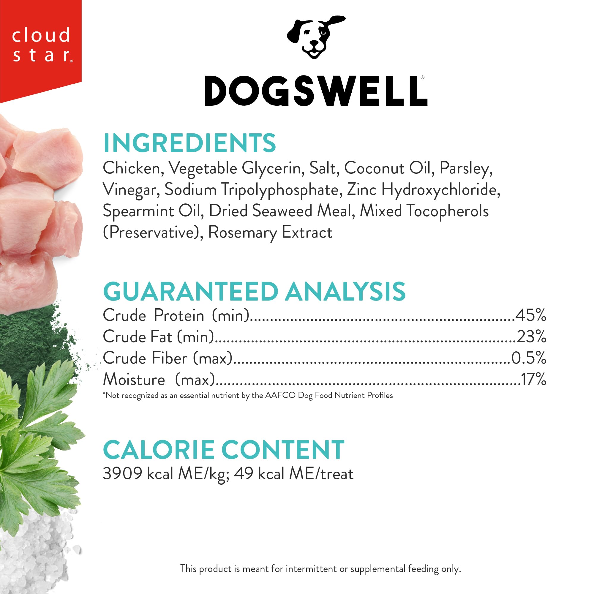 Etiqueta de Dogswell Dental Jerky, elaborado en Estados Unidos para calidad.