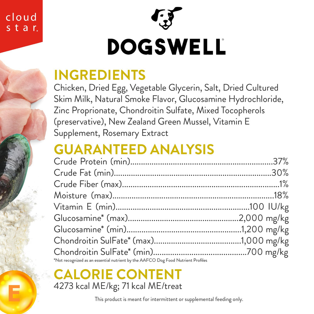 Dogswell premios de pollo, textura suave para perros activos.