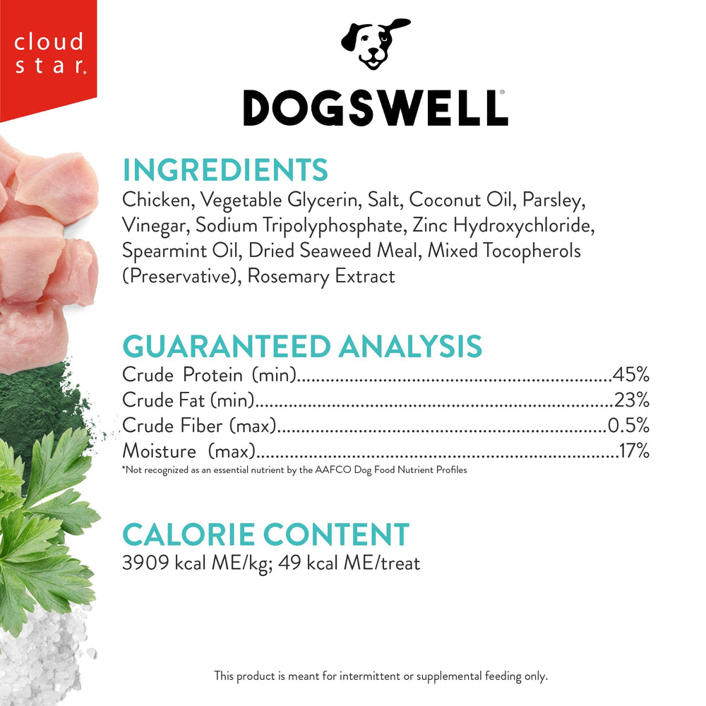 Dogswell tiras de pollo con ingredientes limpios y sin granos.