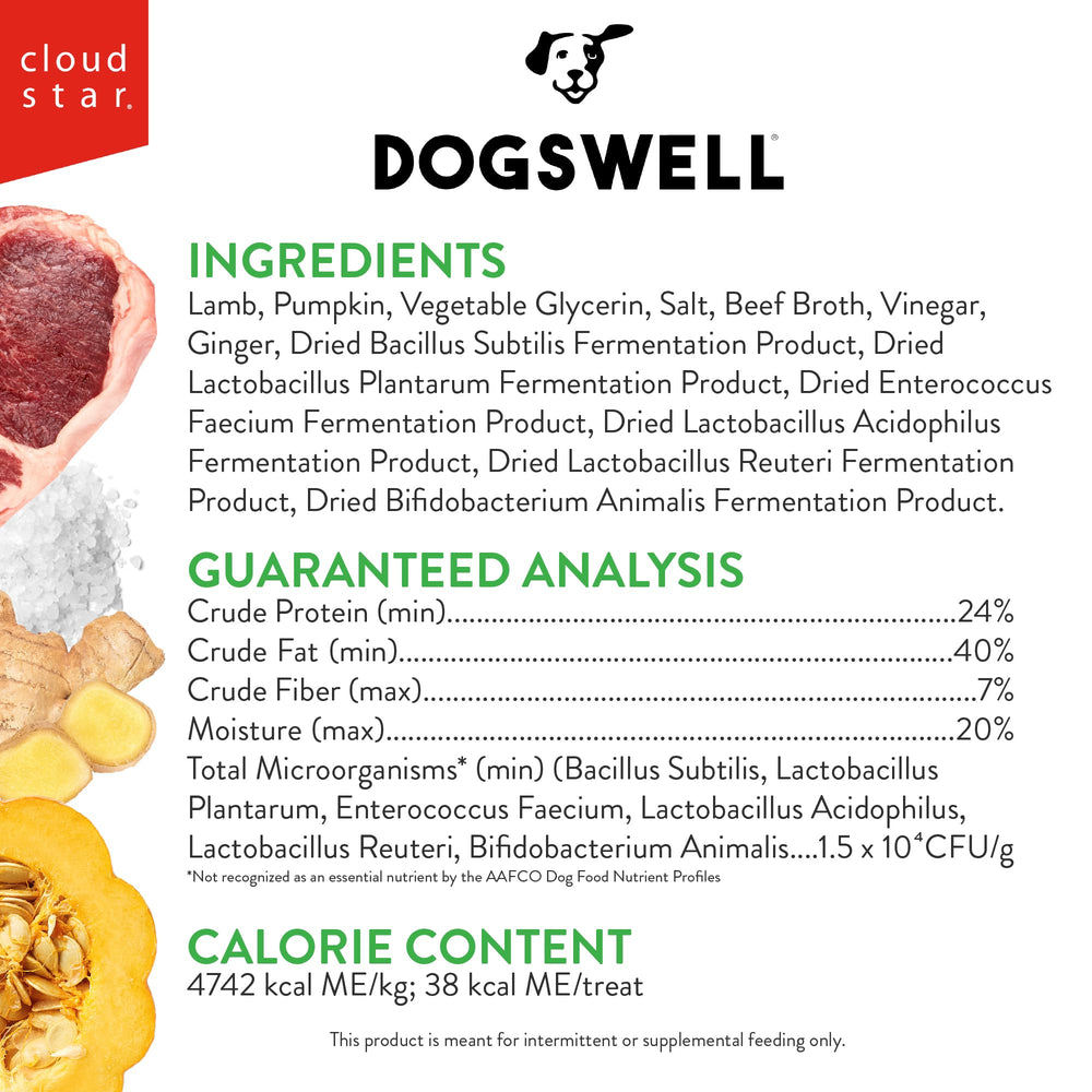 Dogswell bocaditos sin granos de cordero, opción limpia para perros.