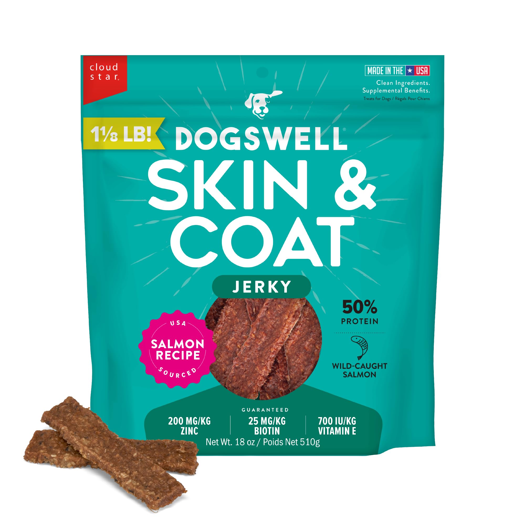 DOGSWELL jerky para piel y pelaje de salmón, empaque 18 oz para perros.