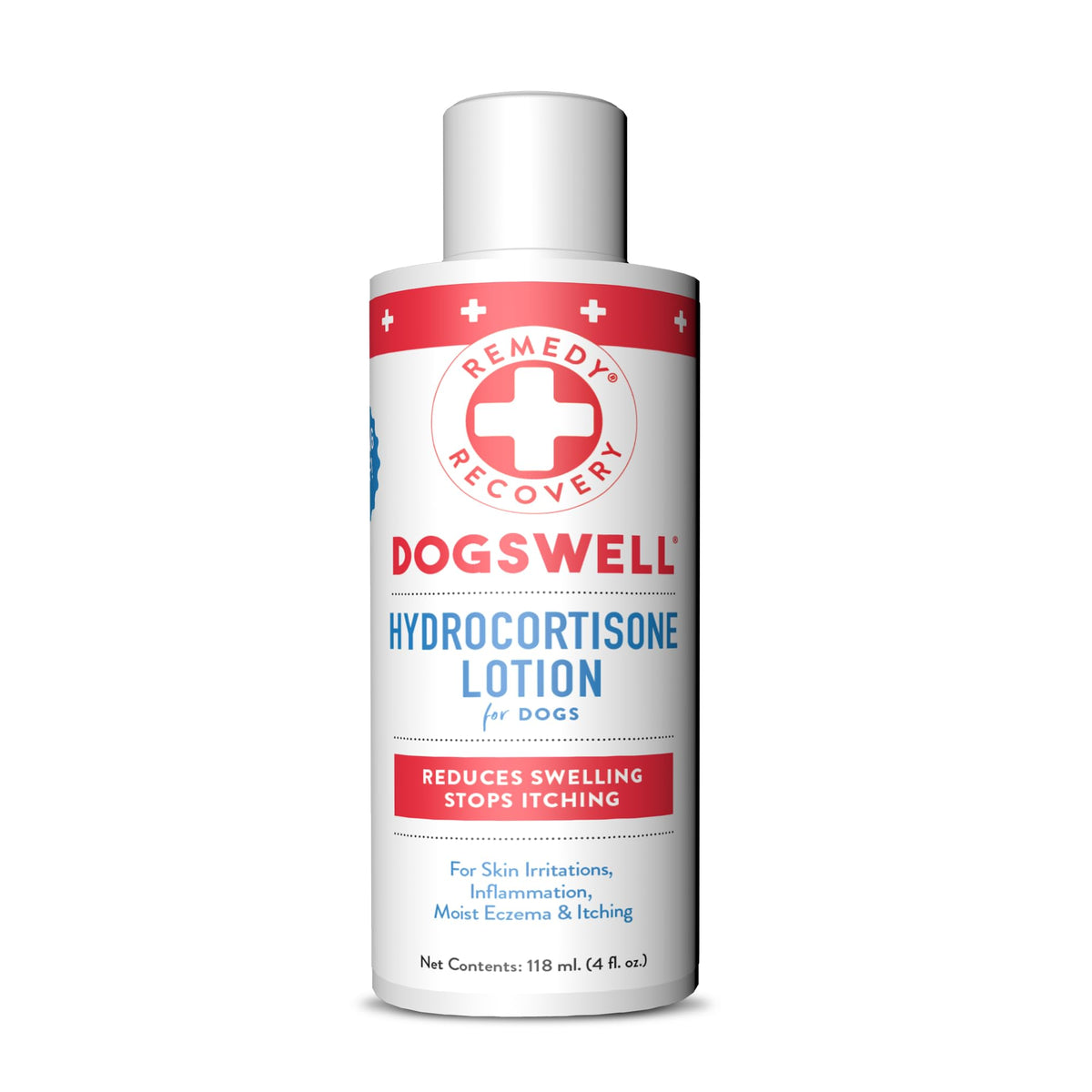 Dogswell Remedy Recovery hydrocortisone lotion 4oz front label for irritated skin relief