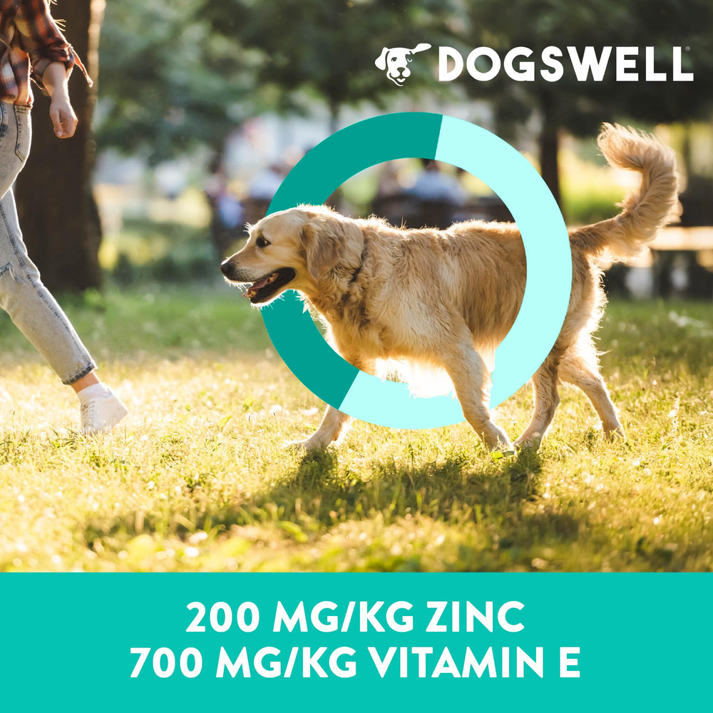DOGSWELL jerky con vitamina E para apoyo inmune.
