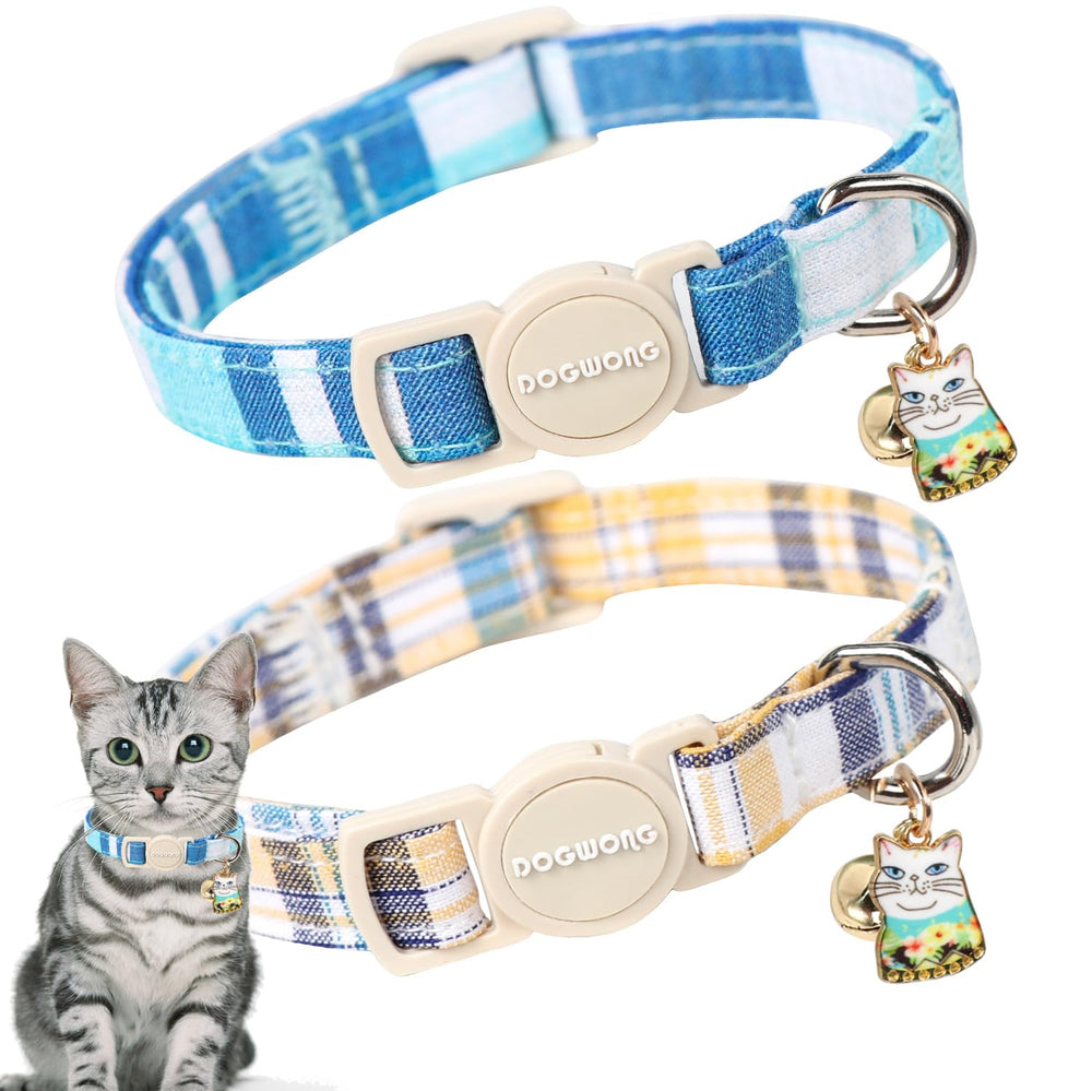 Collar DOGWONG para gatos azul en cuadros, vista frontal del par de collares