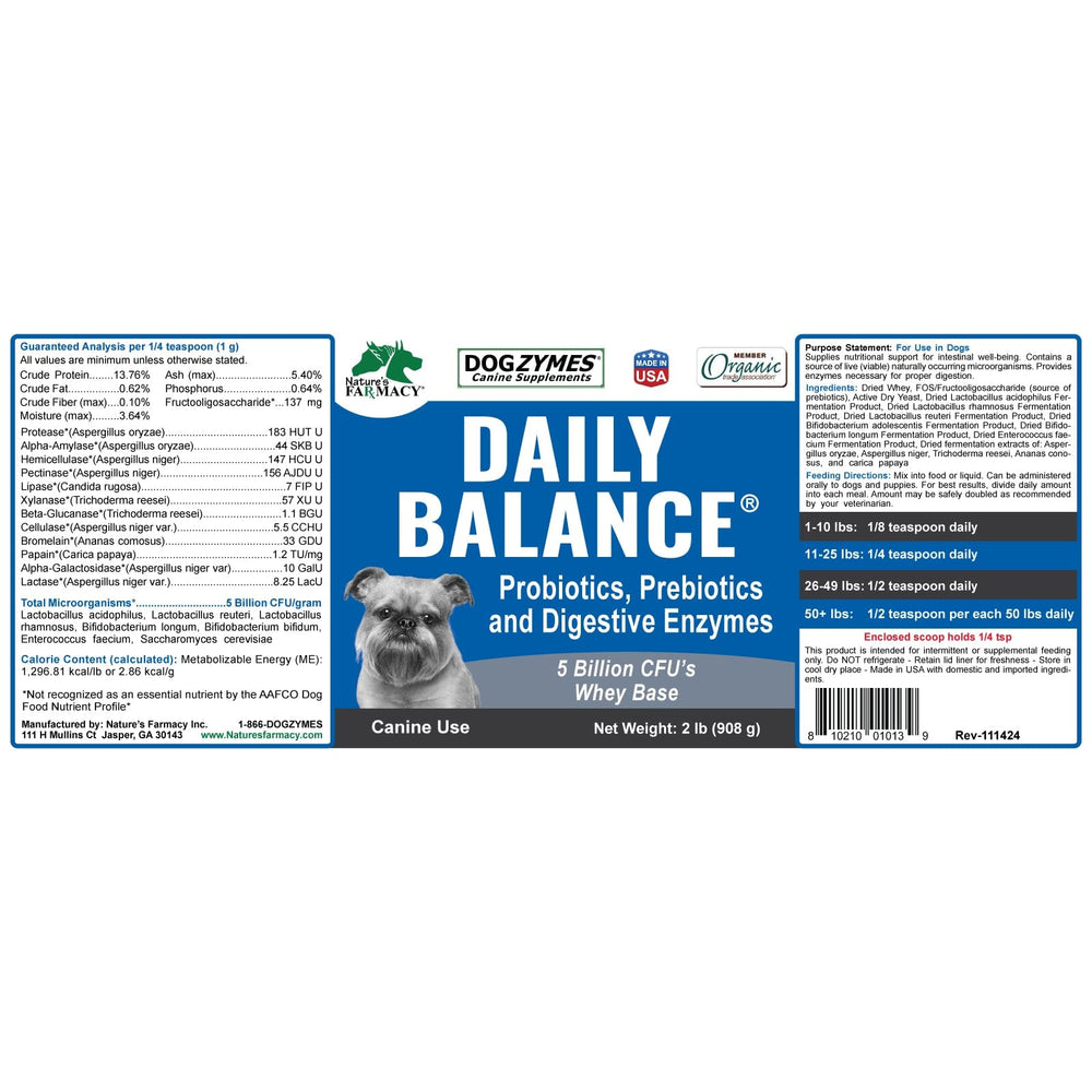 Dogzymes Daily Balance — bote de 454 g, presentación estable para uso continuo.
