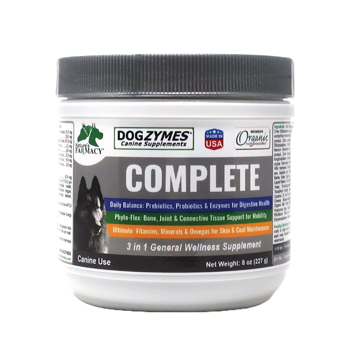 Dogzymes Completo botella frontal, suplemento integral para piel y articulaciones de perros.