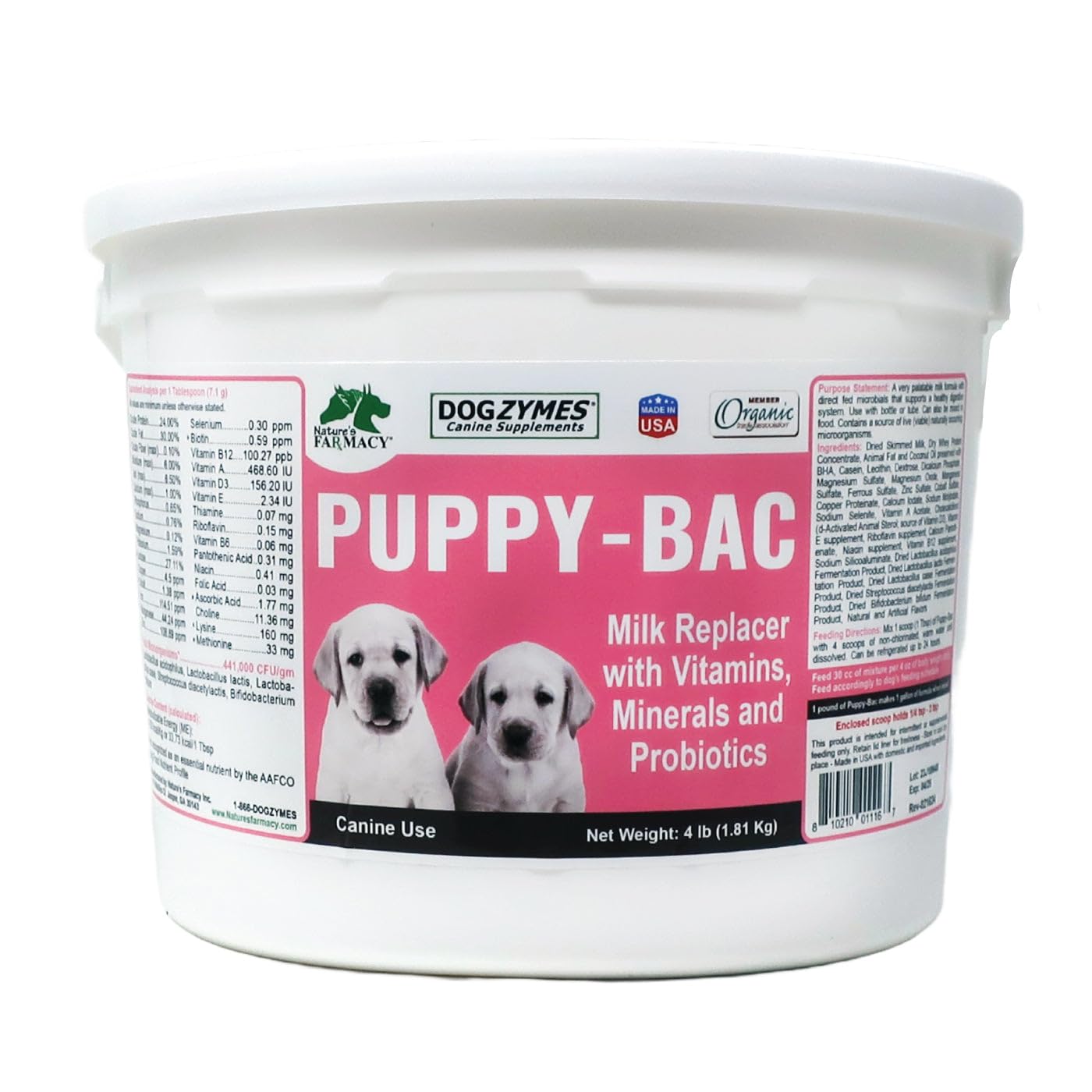 Dogzymes Puppy-Bac, leche-replacer para cachorros en crecimiento, apoyo para cachorros huérfanos