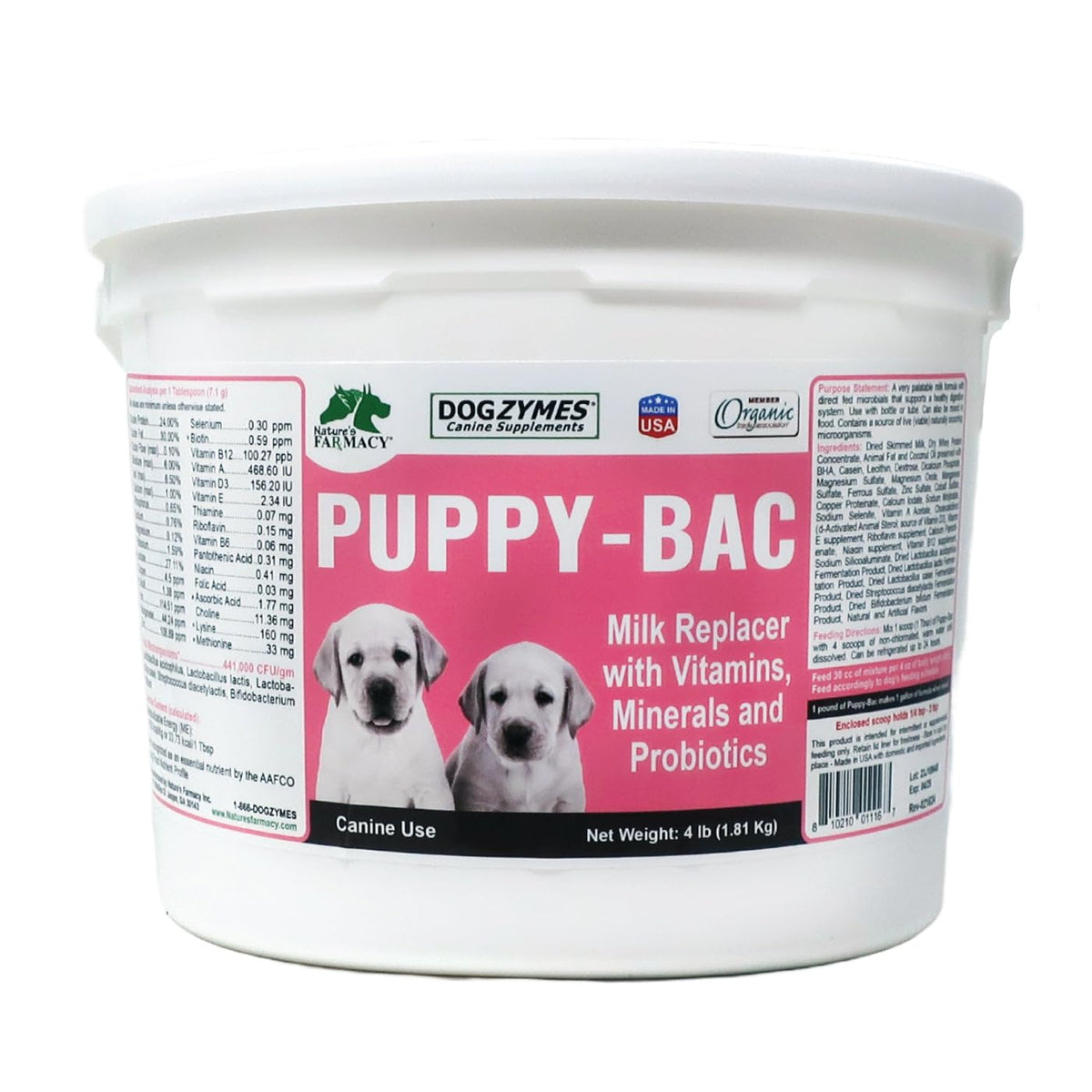 Dogzymes Puppy-Bac, leche-replacer para cachorros en crecimiento, apoyo para cachorros huérfanos