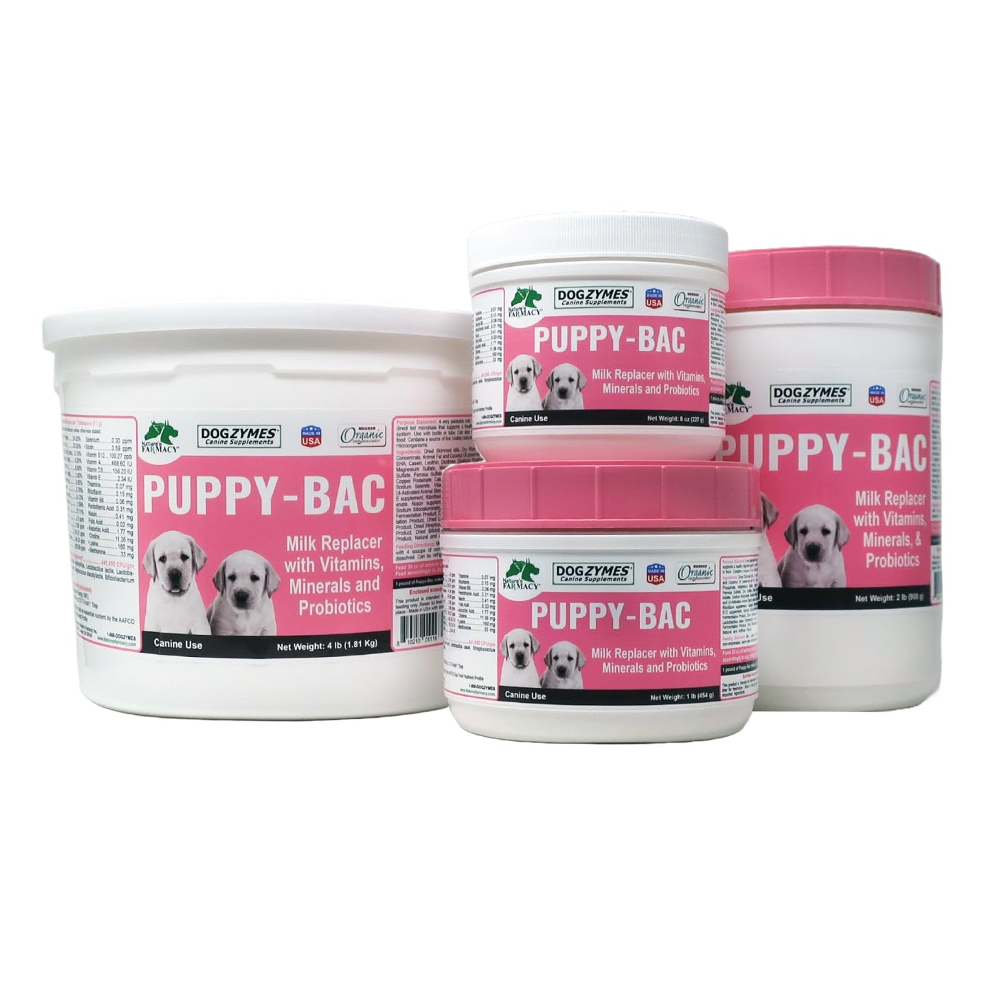 Dogzymes Puppy-Bac mezcla en leche, apoyo nutricional para cachorros en crecimiento.