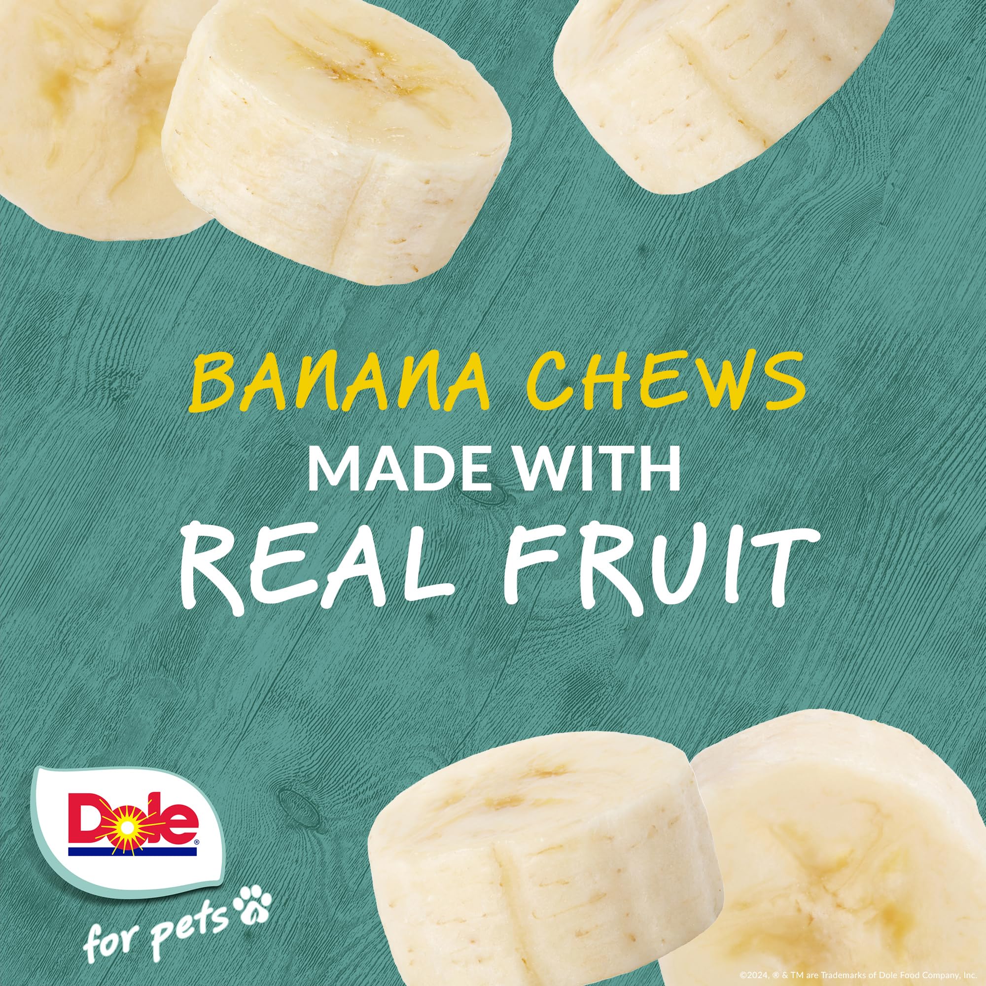 Dole para Mascotas, bocadillos banano en forma de banana para masticar y jugar.