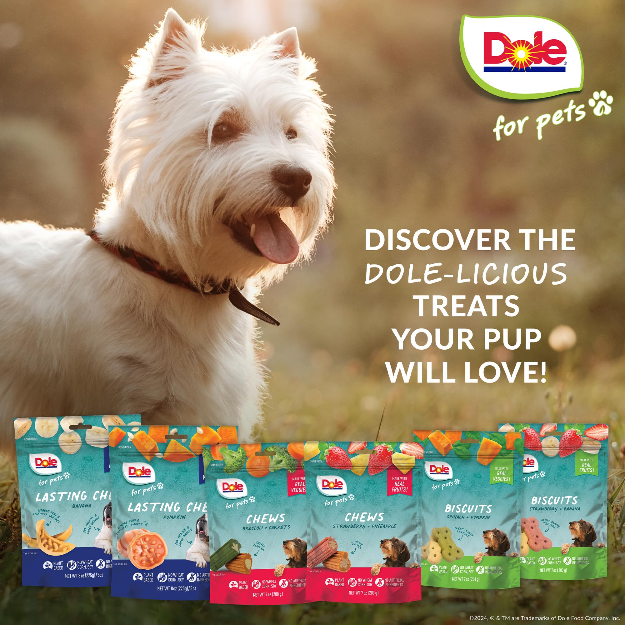 Dole para Mascotas, opción vegana sin trigo, maíz ni colorantes artificiales.