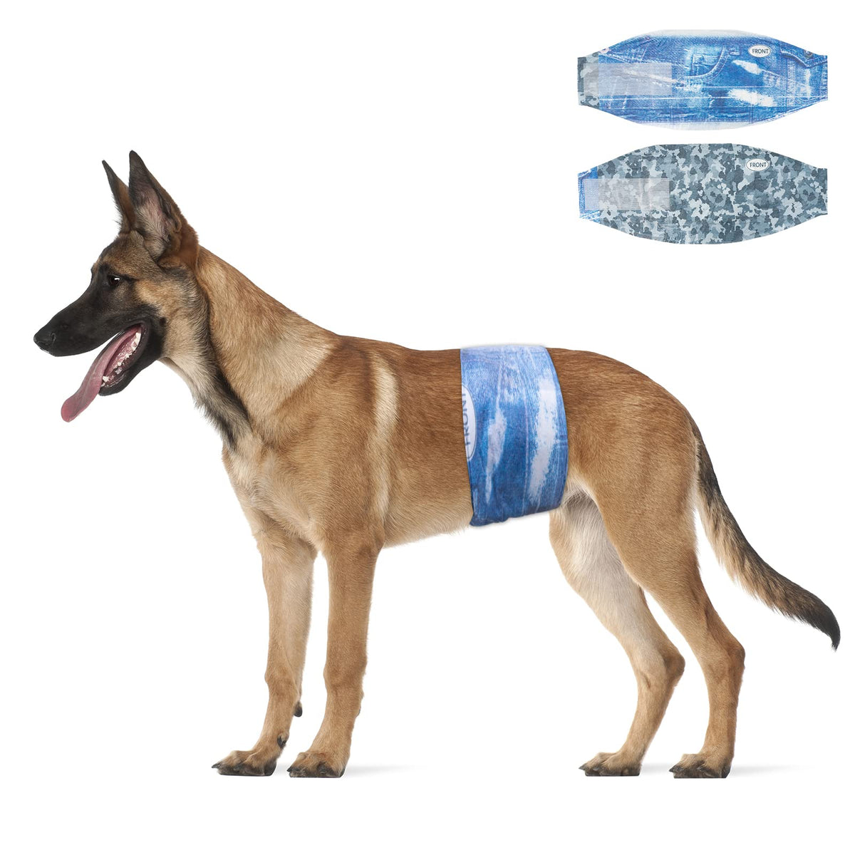 Dono pañales para perros con diseño 2 en 1 camuflado, ajuste cómodo y seguro.