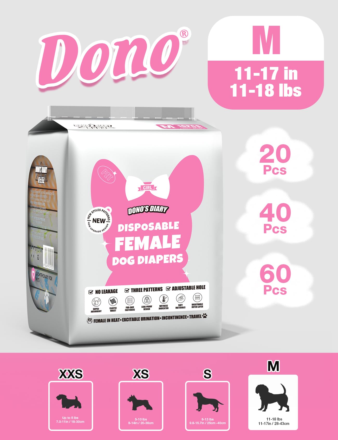 Pañales Dono para perras con broches ajustables para ajuste seguro