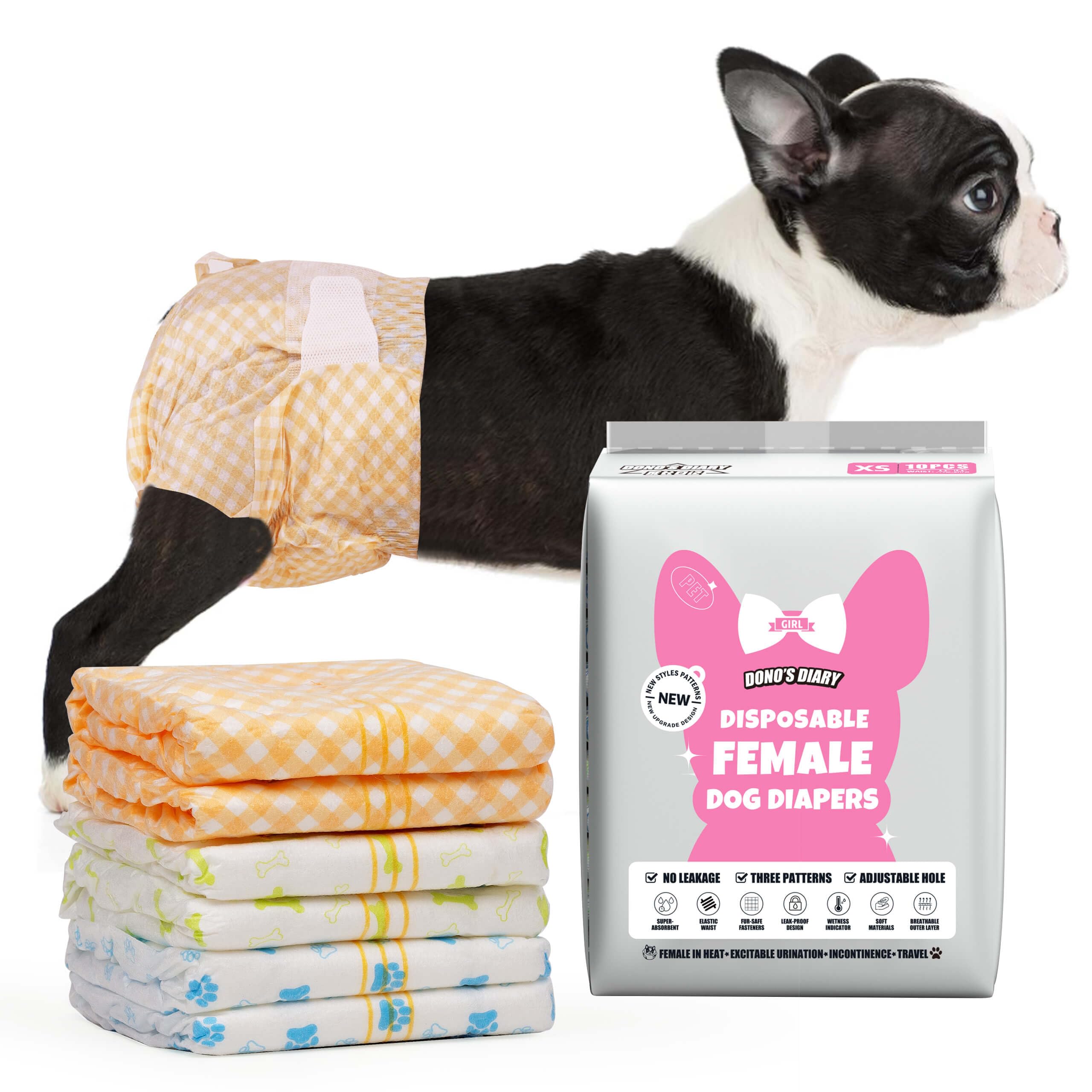 Pañales Dono para hembras caninas con indicador de humedad para mayor tranquilidad.
