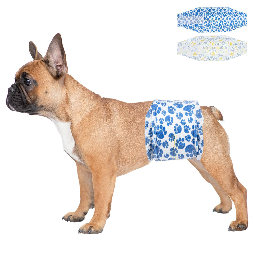 Pañales Dono para perro macho con diseño azul de patitas, ajuste cómodo