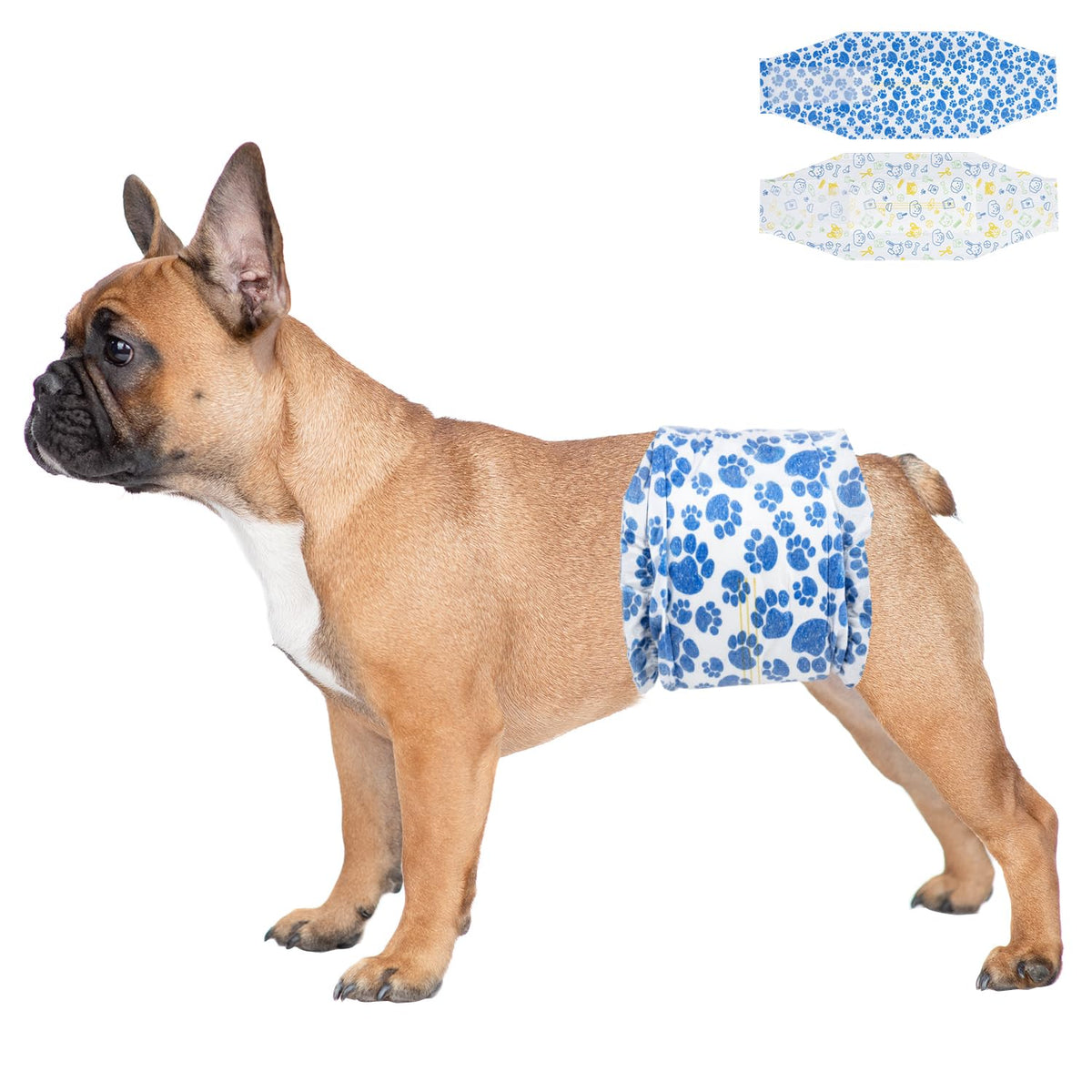Pañales Dono para perro macho con diseño azul de patitas, ajuste cómodo