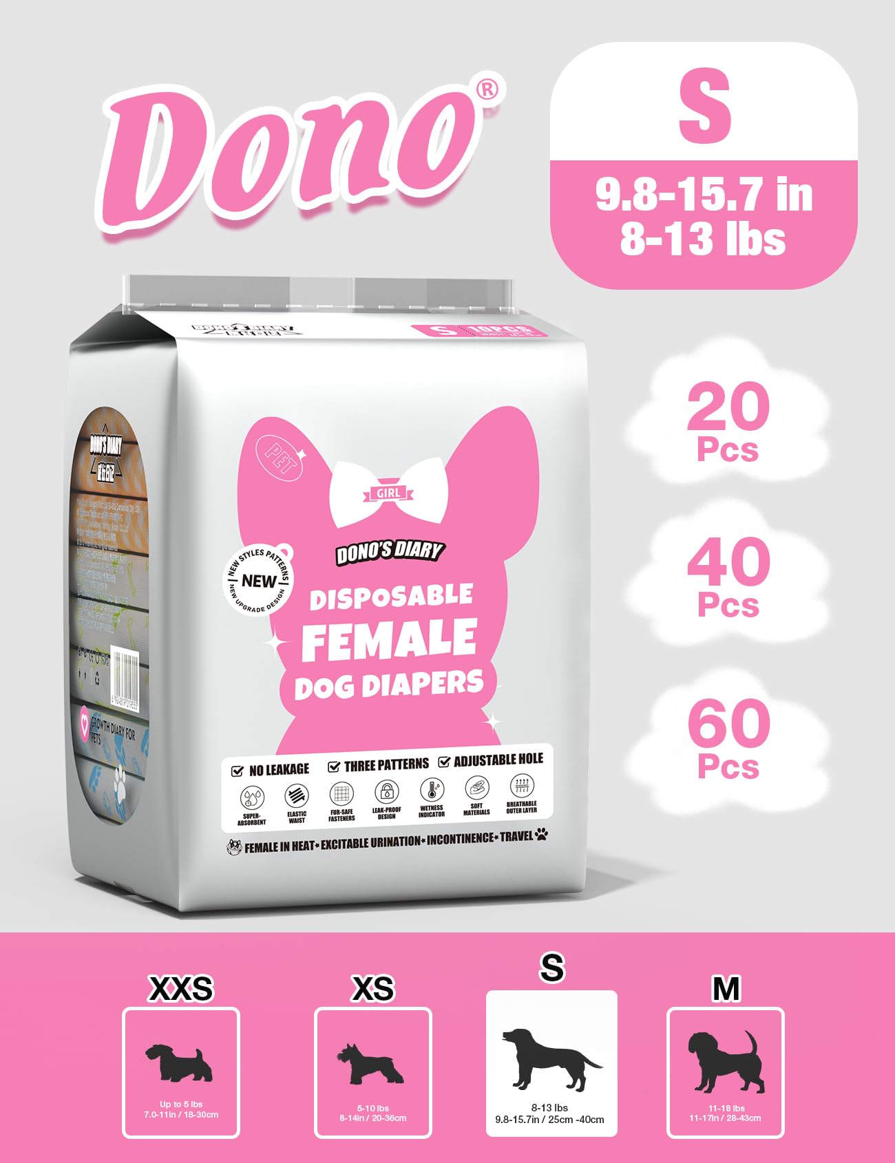 Pañales Dono para perros femeninos con ajuste de velcro para mayor seguridad.