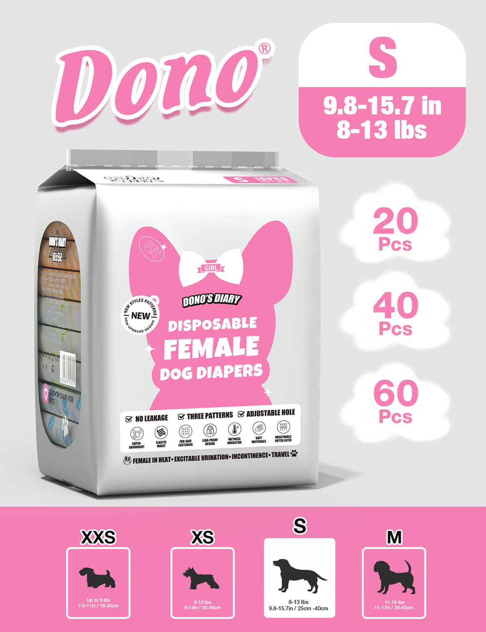 Pañales Dono para perros femeninos con ajuste de velcro para mayor seguridad.