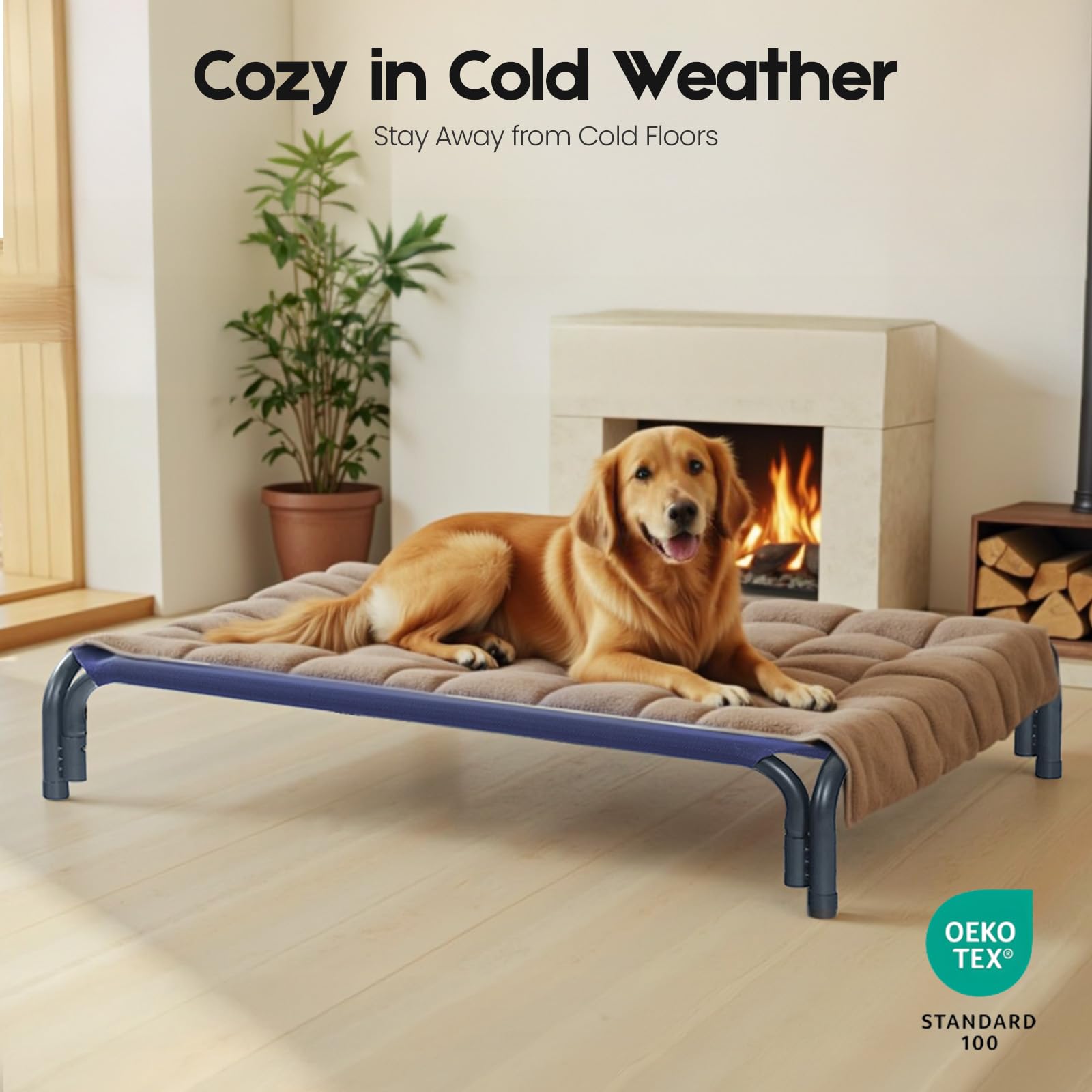 Cama elevada azul DOPEDIO, ideal para descansar en casa o al aire libre.