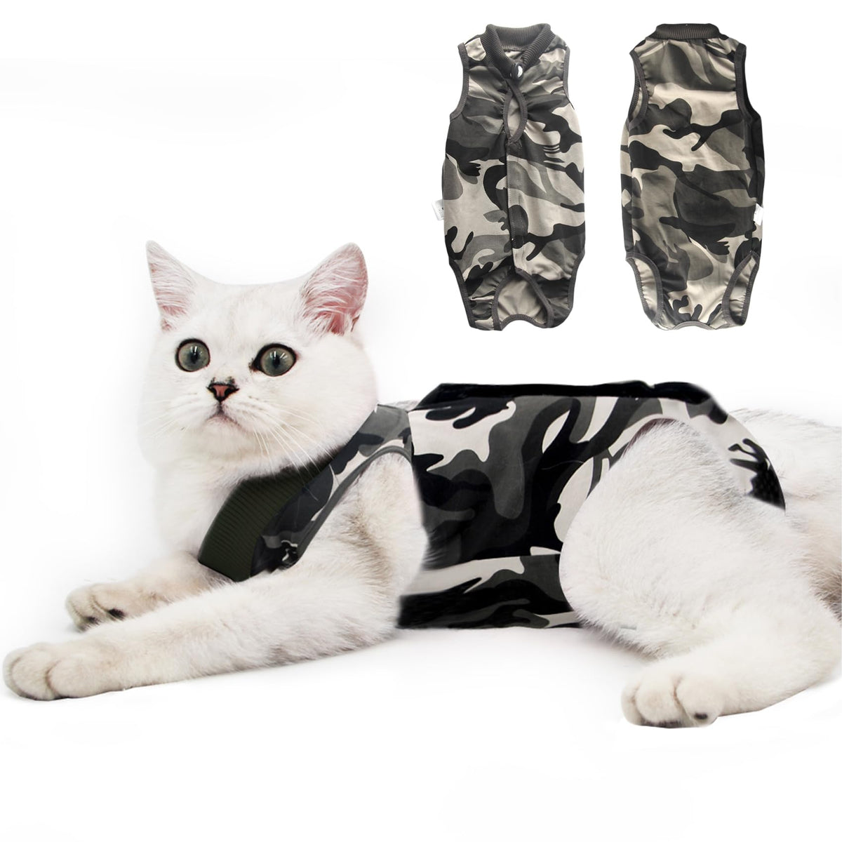 DOTON traje de recuperación para gato, camuflaje frontal, cómodo postoperatorio.