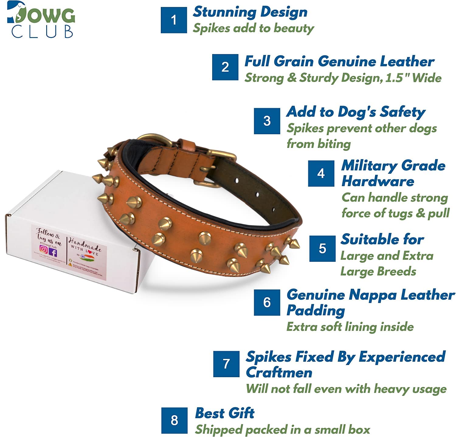 DowgClub collar de cuero con pinchos, borde suave y cómodo contacto con la piel.