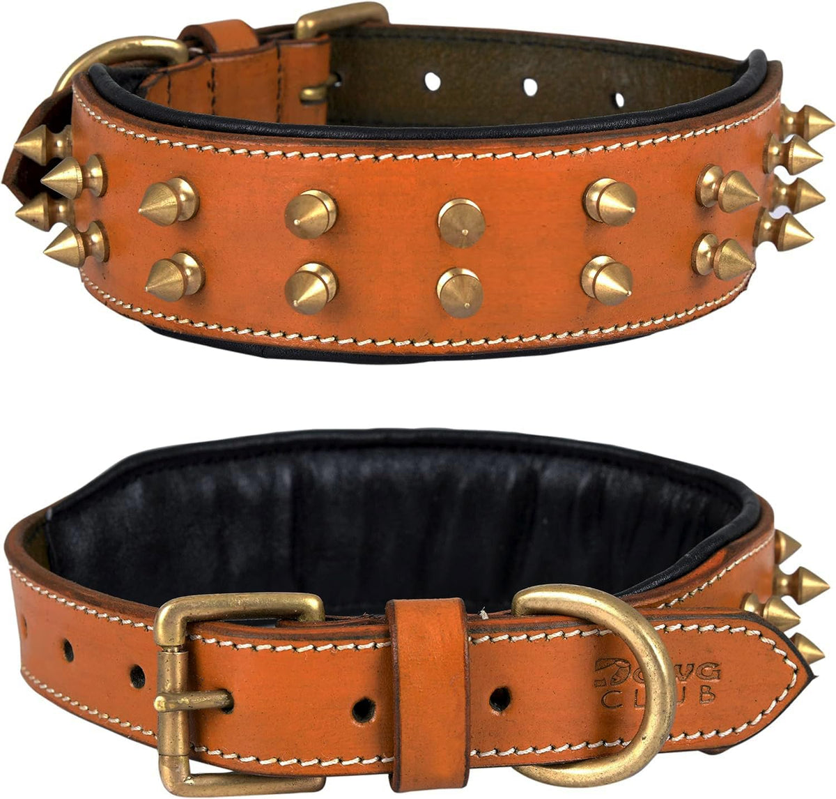 DowgClub collar de cuero con pinchos, vista frontal, ideal para paseos con estilo.