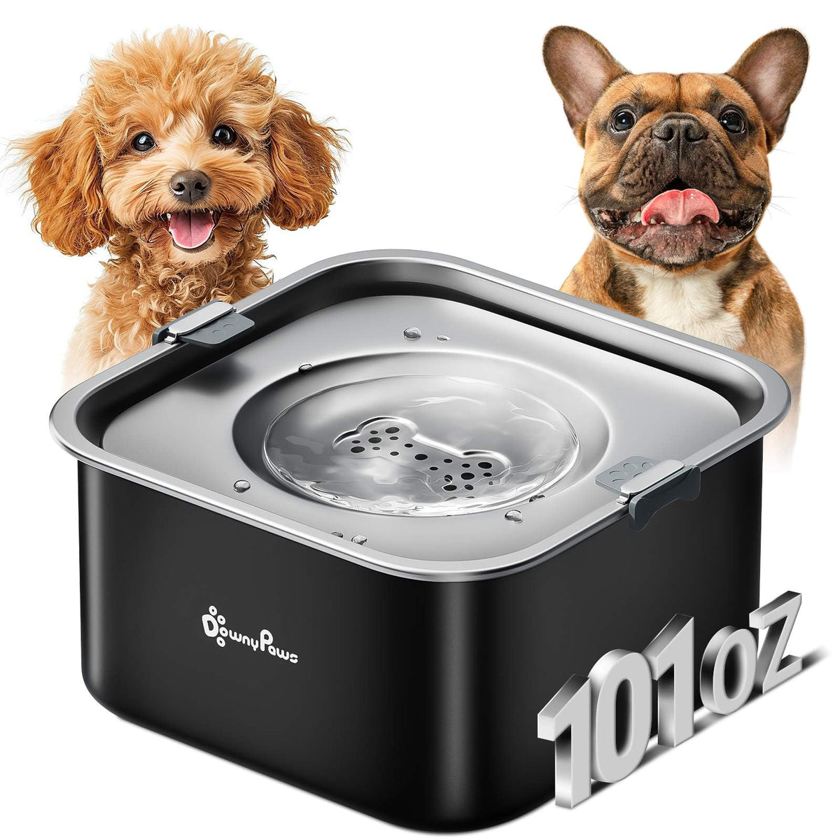 DownyPaws cuenco de agua para perros sin derrames, ideal para suelos limpios y zonas de descanso.