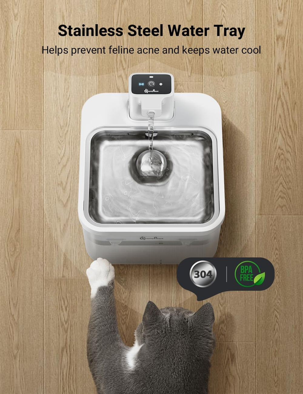 Modos duales de agua DownyPaws: flujo tipo grifo y modo sensor.