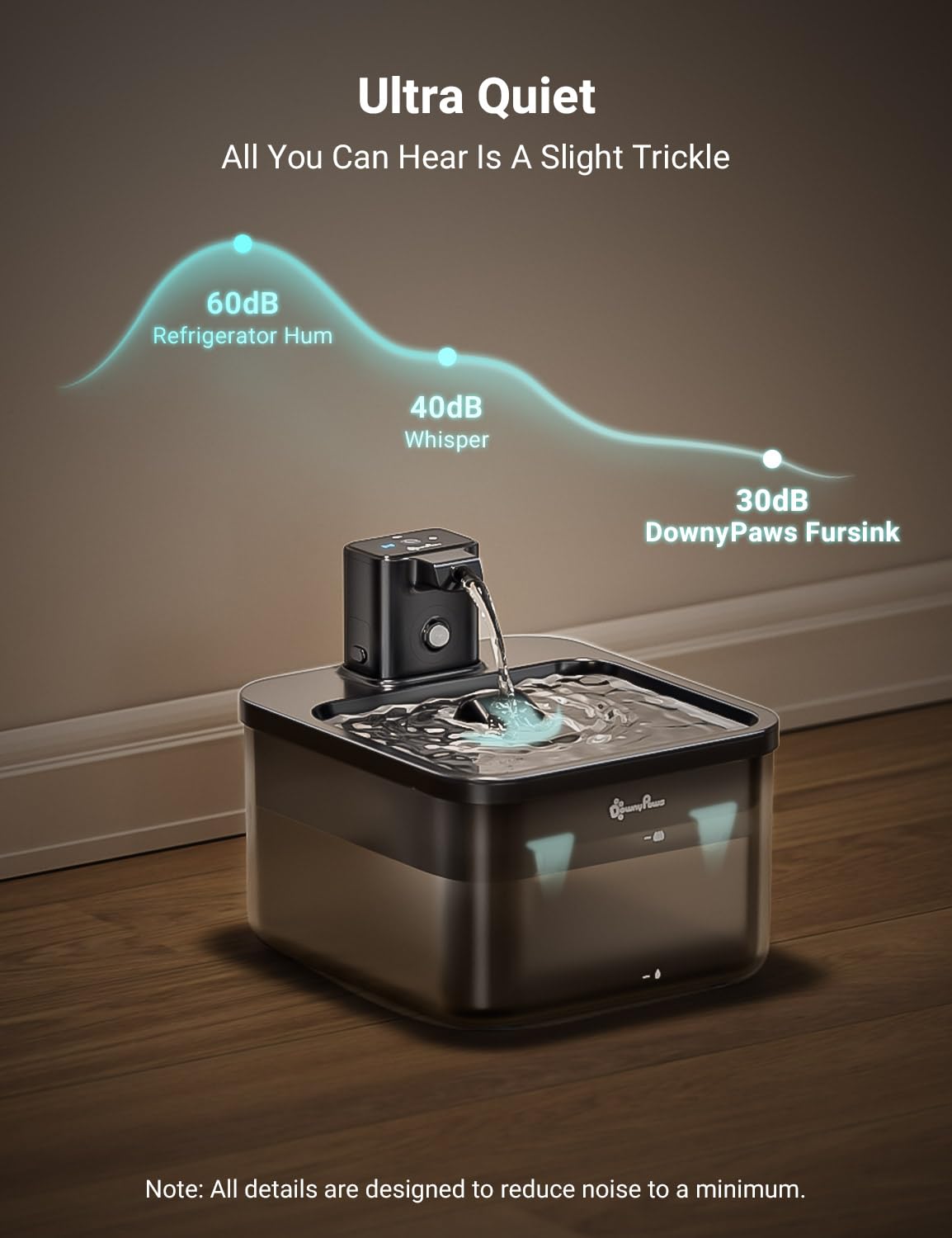 DownyPaws sistema silencioso, 30 dB para descanso sin interrupciones.