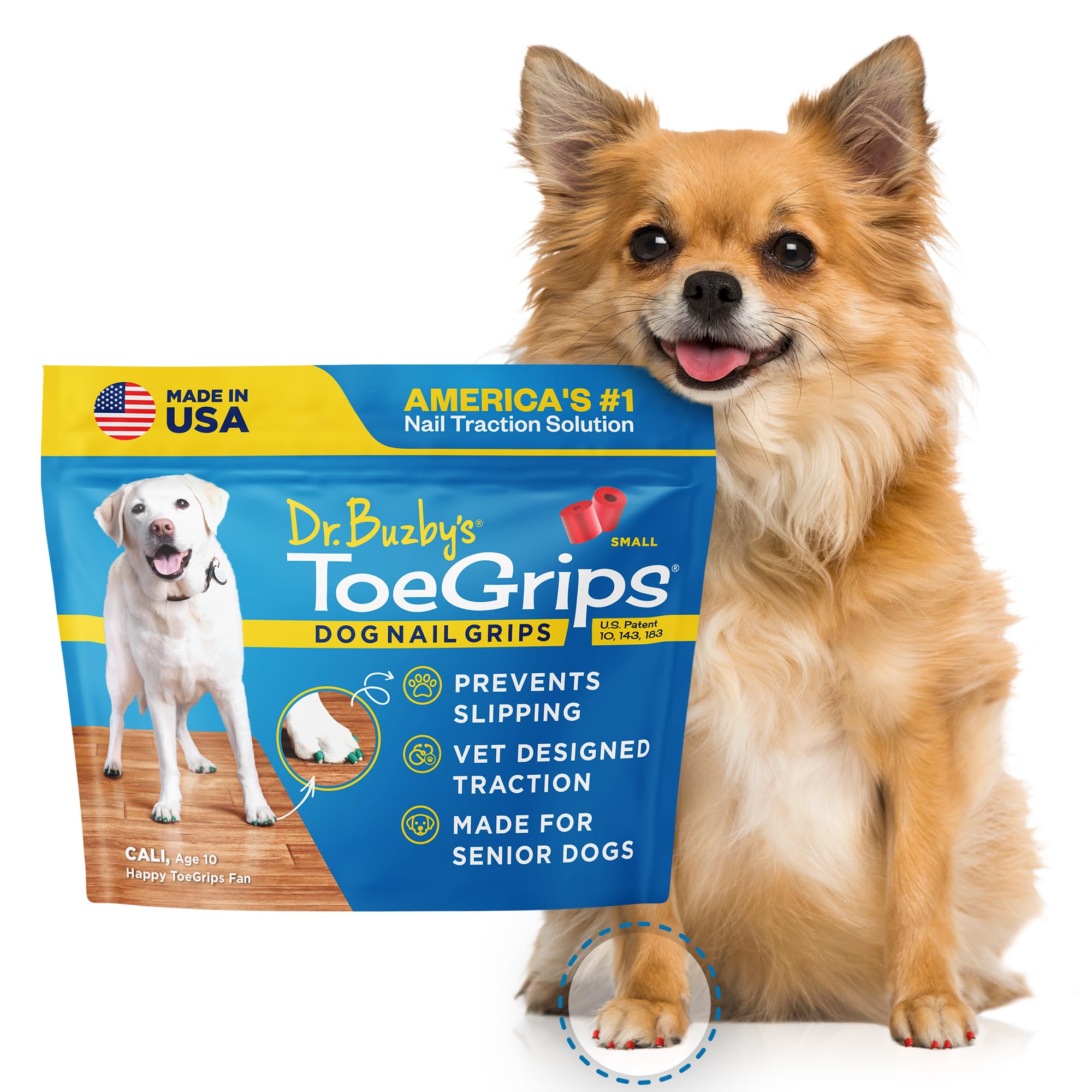 Dr. Buzby's ToeGrips para perro mostrando tracción instantánea en piso de madera