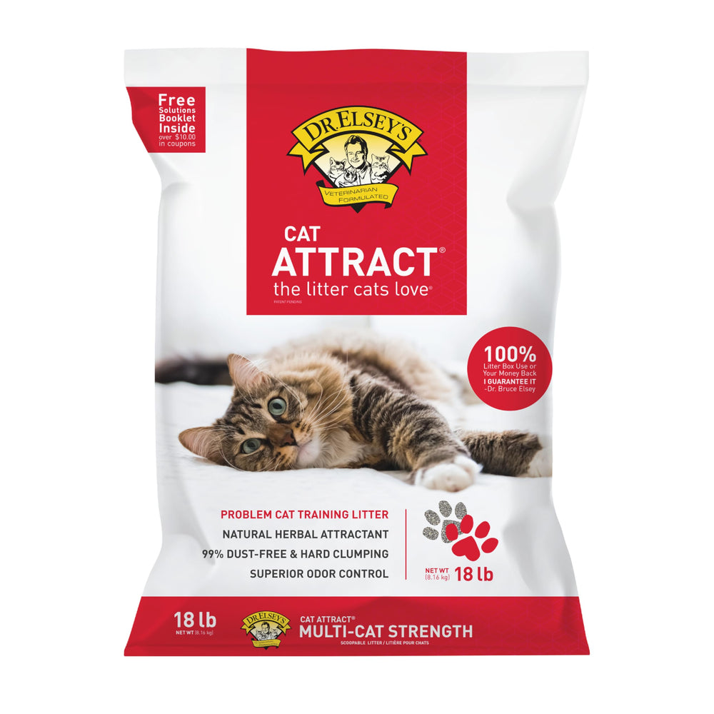 Dr. Elsey's Cat Attract, bolsa 18 lb vista frontal, aroma de hierbas para atraer gatos.