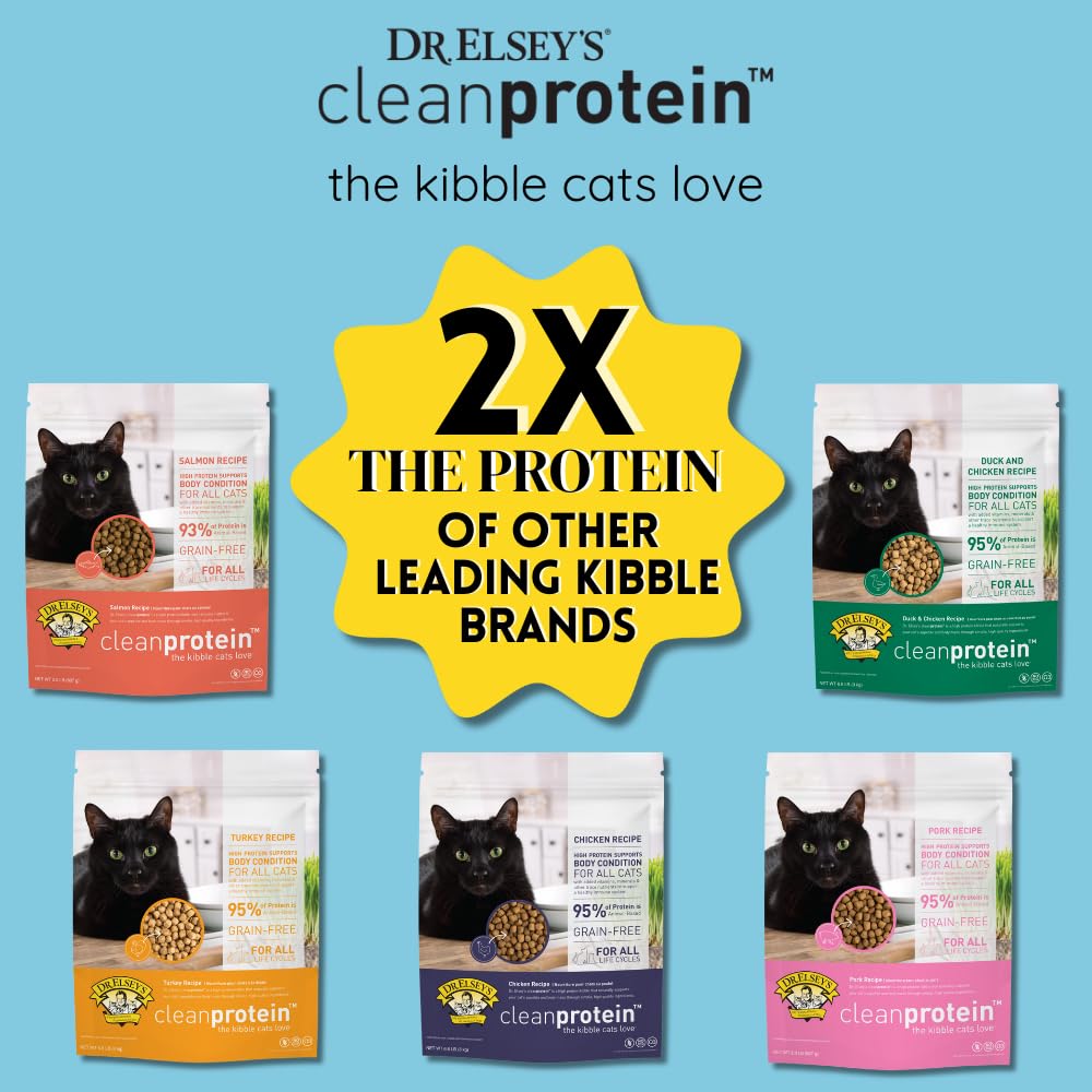 Dr. Elsey's Cleanprotein Salmon Formula ofrece textura crujiente para la experiencia de comer.