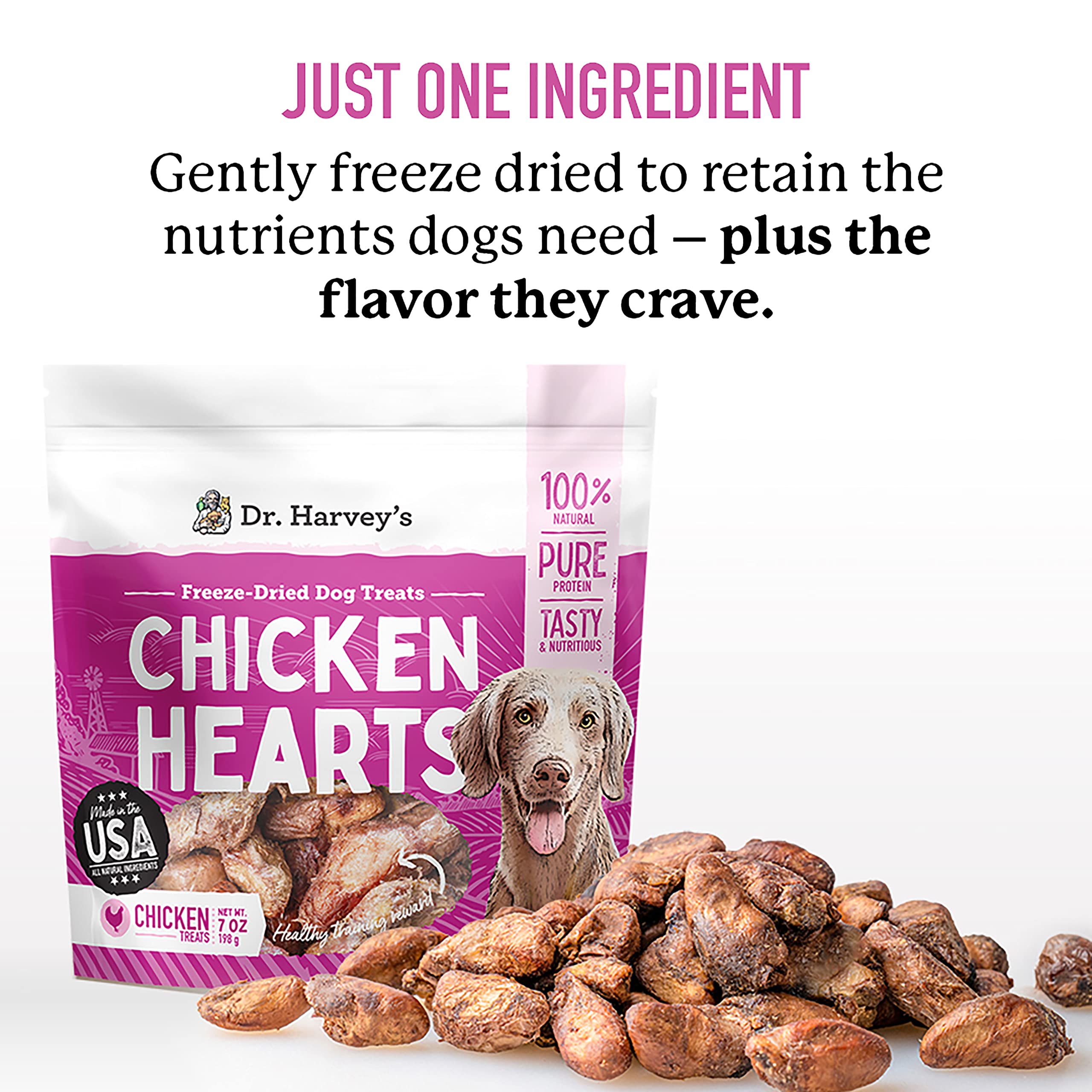 Dr. Harvey's ingrediente único: corazones de pollo deshidratados sin aditivos.