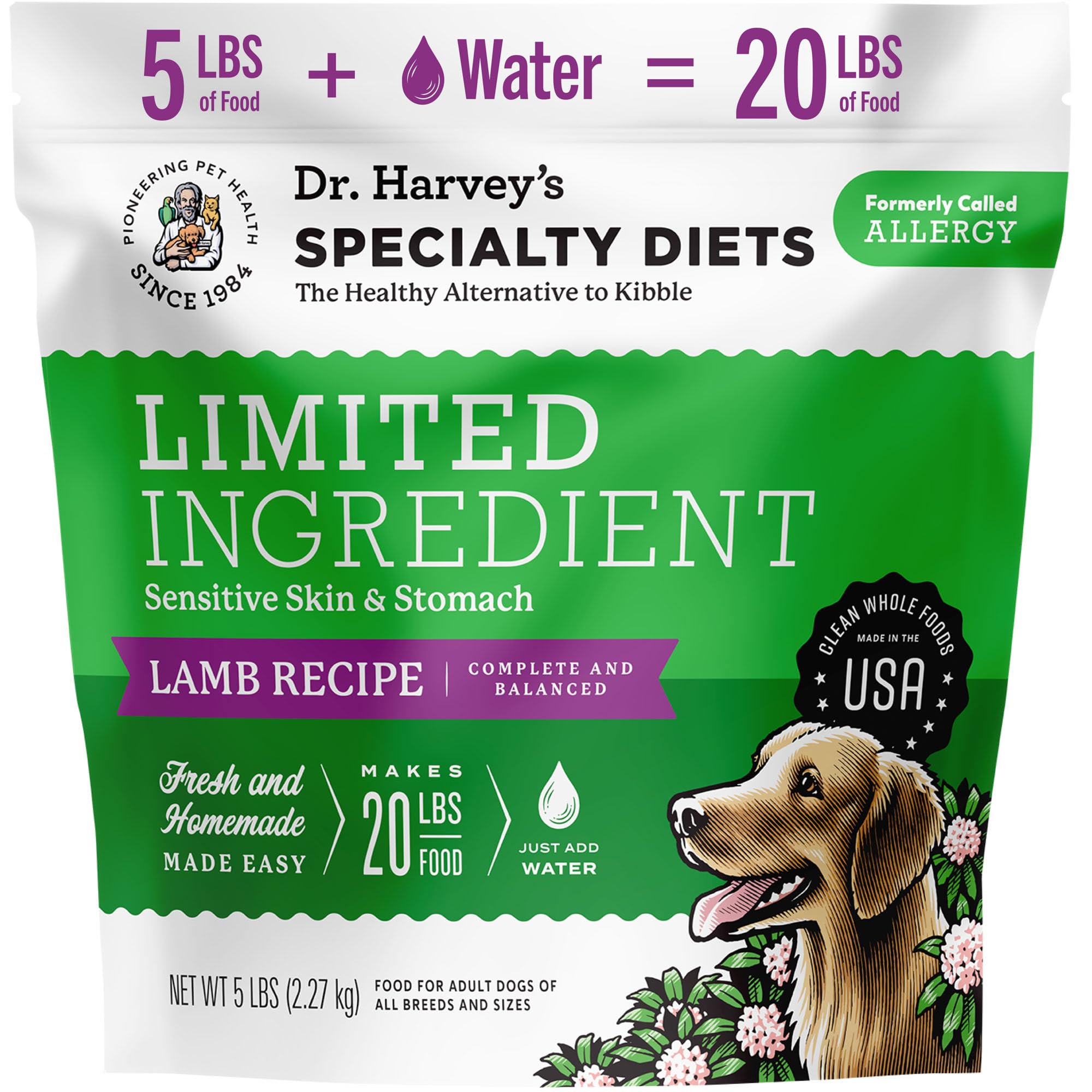 Dr. Harvey's dieta de ingredientes limitados con cordero para perros sensibles.