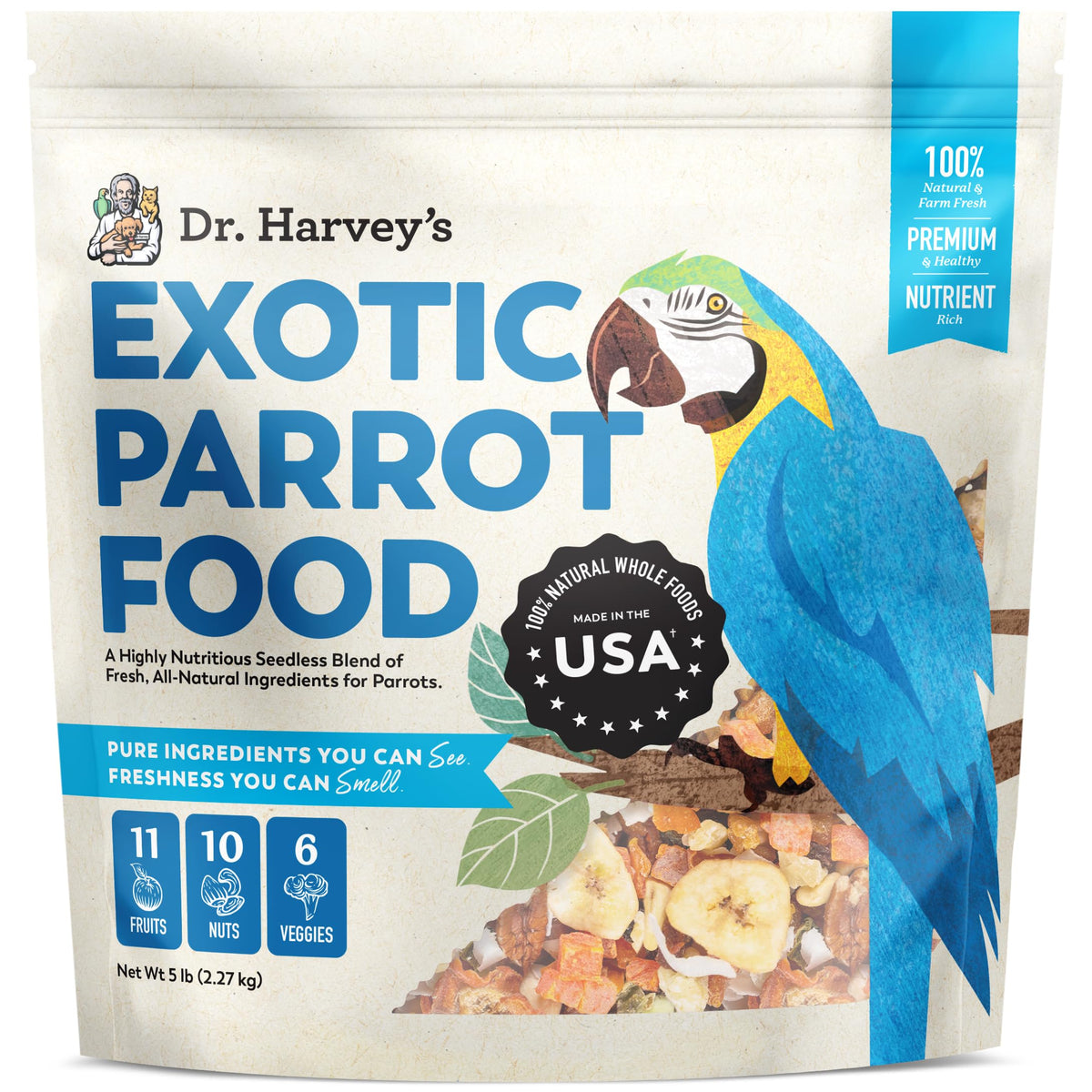 Dr. Harvey's Exotic Parrot Blend: frutas y nueces para loros grandes, dieta variada.