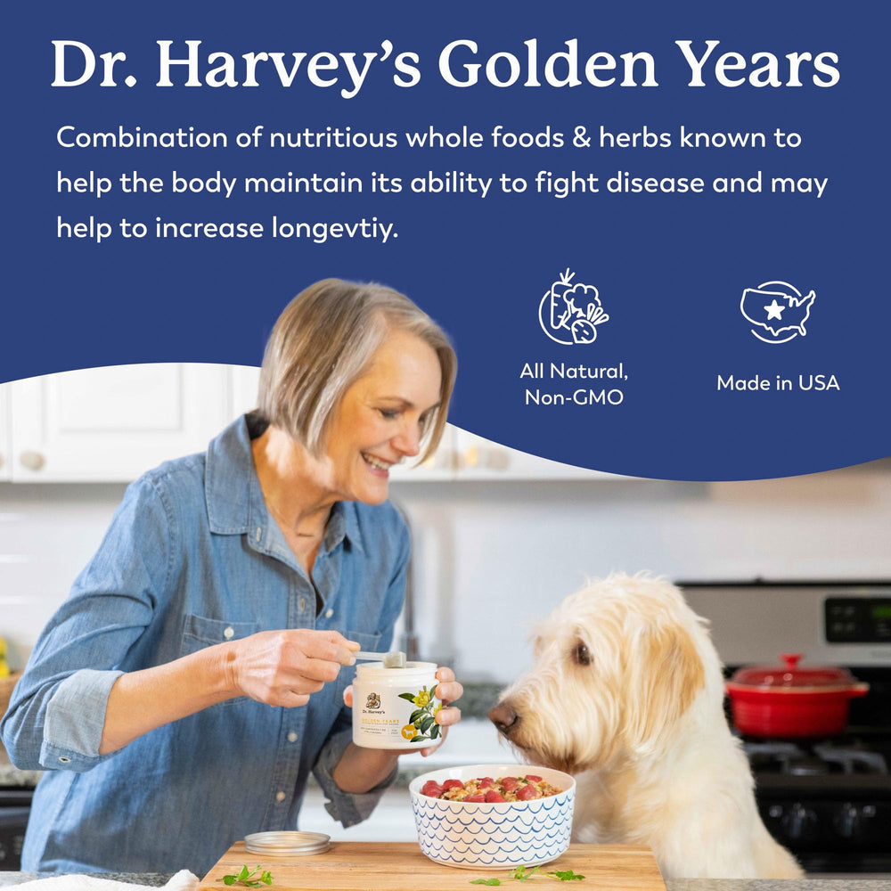 Dr. Harvey's Golden Years: uso sencillo, espolvorear sobre la comida del perro.